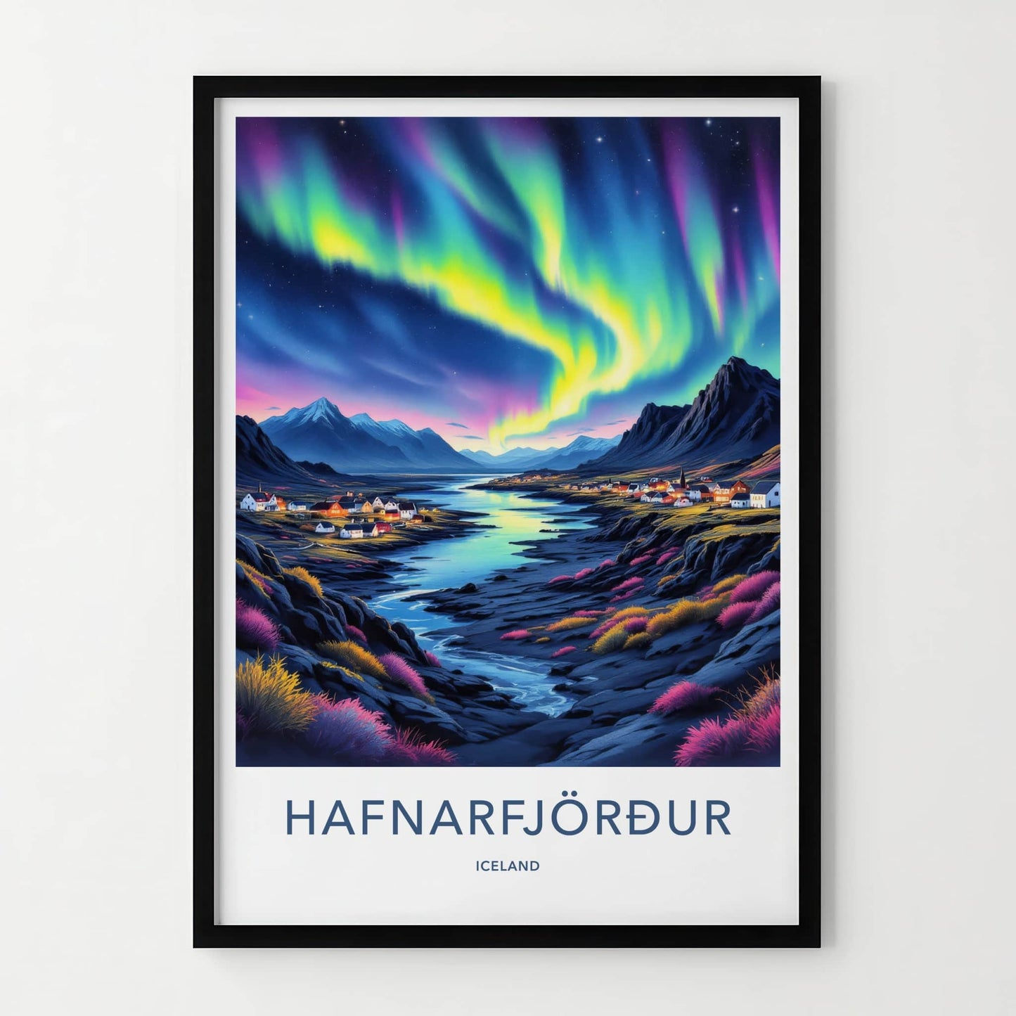 Hafnarfjordur Poster - Iceland Travel Art - Aurora Town Mountains Home Decor
