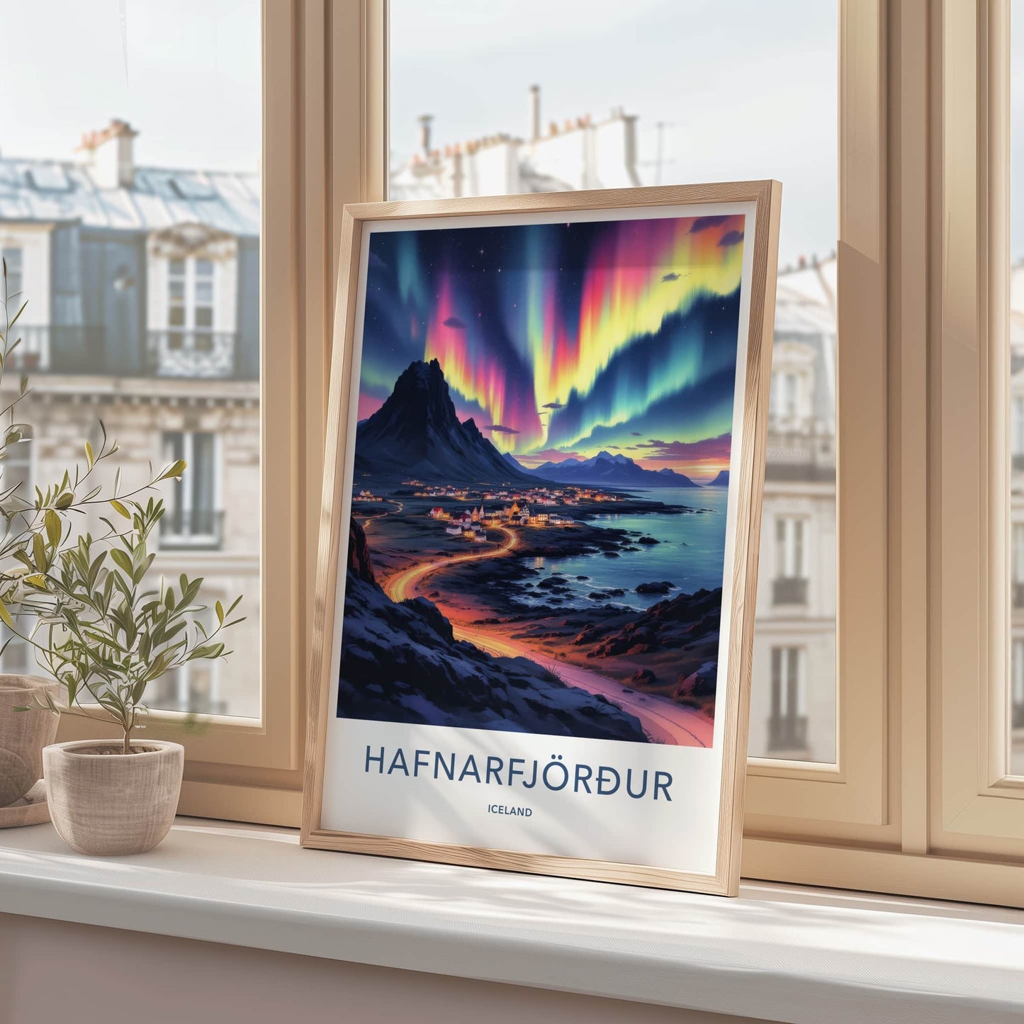 Hafnarfjordur Poster - Iceland Travel Art - Vibrant Aurora Sky Home Decor