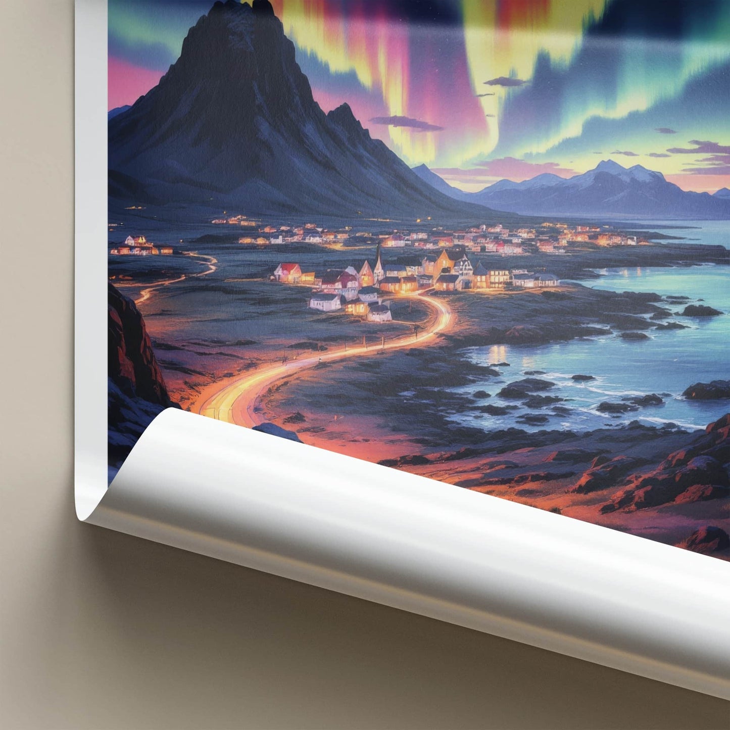 Hafnarfjordur Poster - Iceland Travel Art - Vibrant Aurora Sky Home Decor