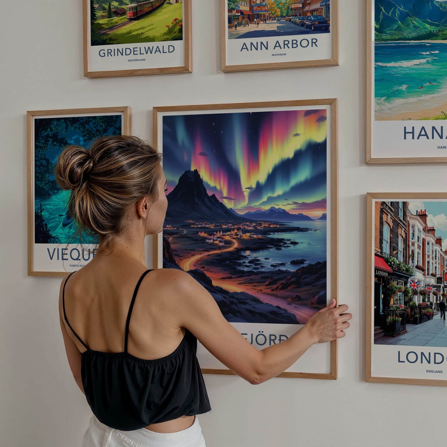 Hafnarfjordur Poster - Iceland Travel Art - Vibrant Aurora Sky Home Decor