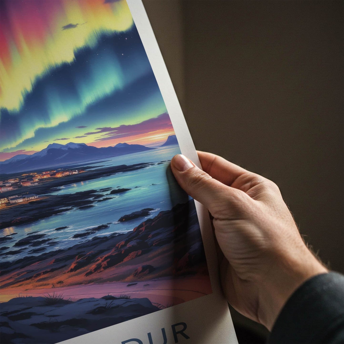 Hafnarfjordur Poster - Iceland Travel Art - Vibrant Aurora Sky Home Decor