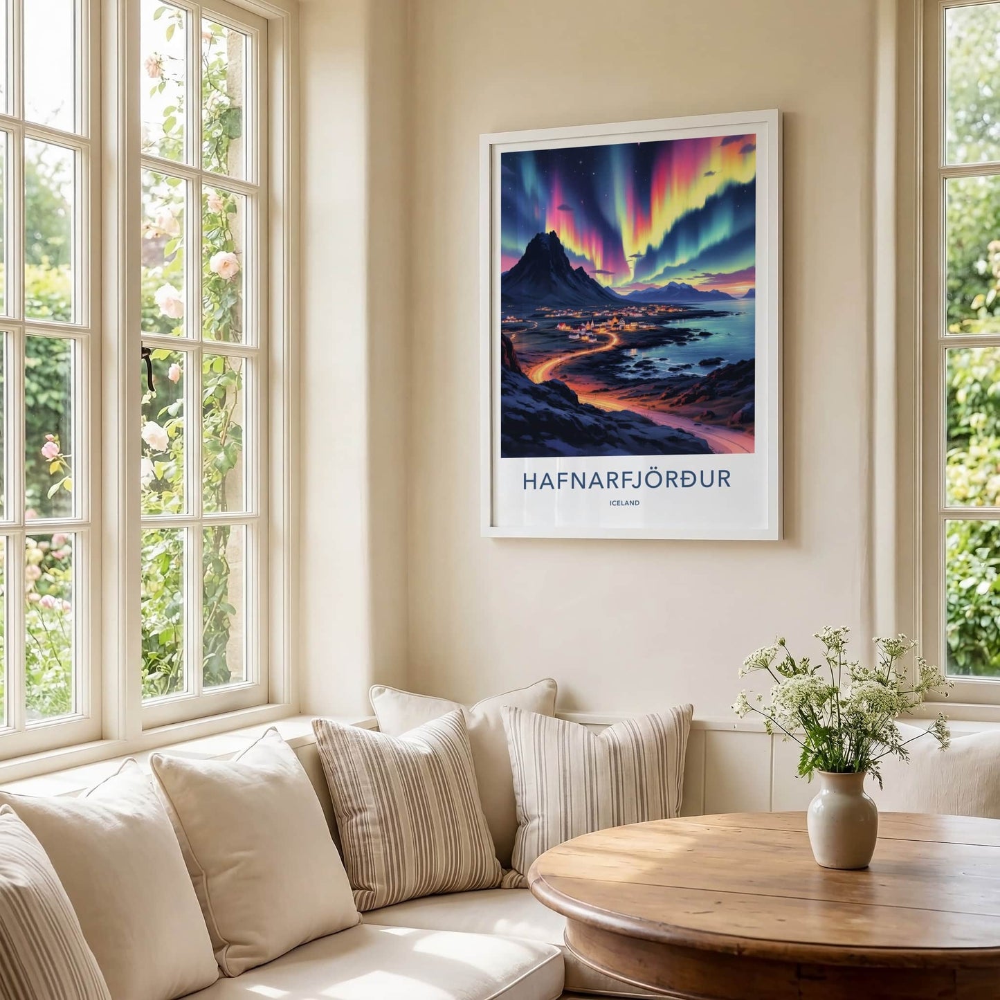 Hafnarfjordur Poster - Iceland Travel Art - Vibrant Aurora Sky Home Decor