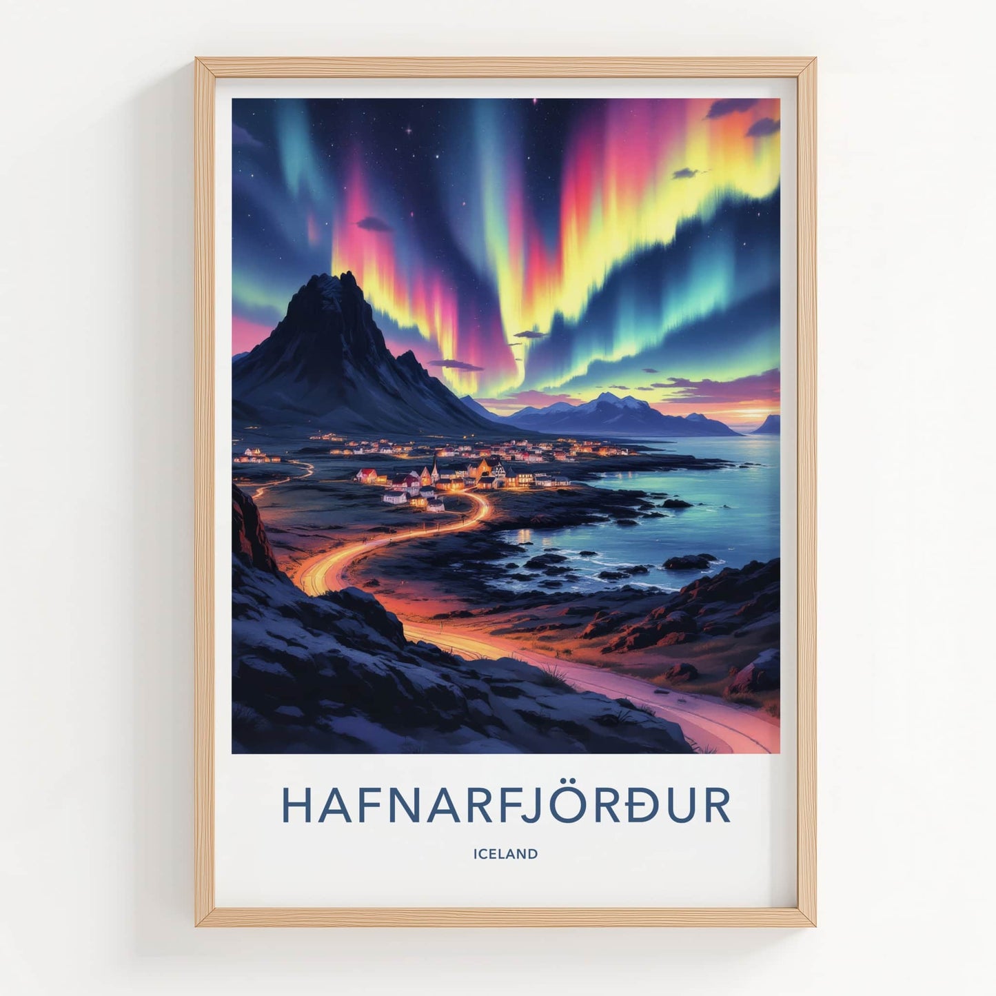 Hafnarfjordur Poster - Iceland Travel Art - Vibrant Aurora Sky Home Decor