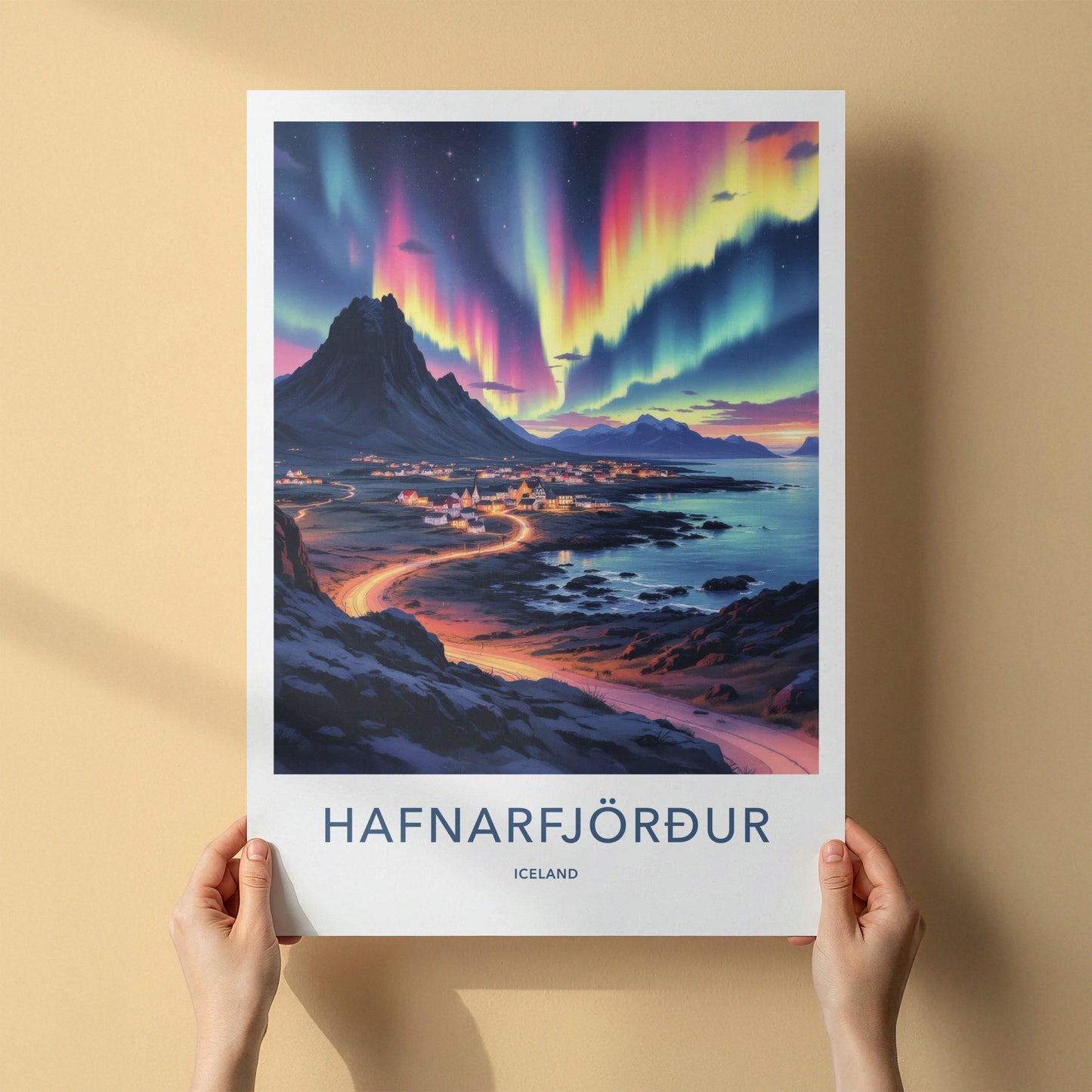Hafnarfjordur Poster - Iceland Travel Art - Vibrant Aurora Sky Home Decor