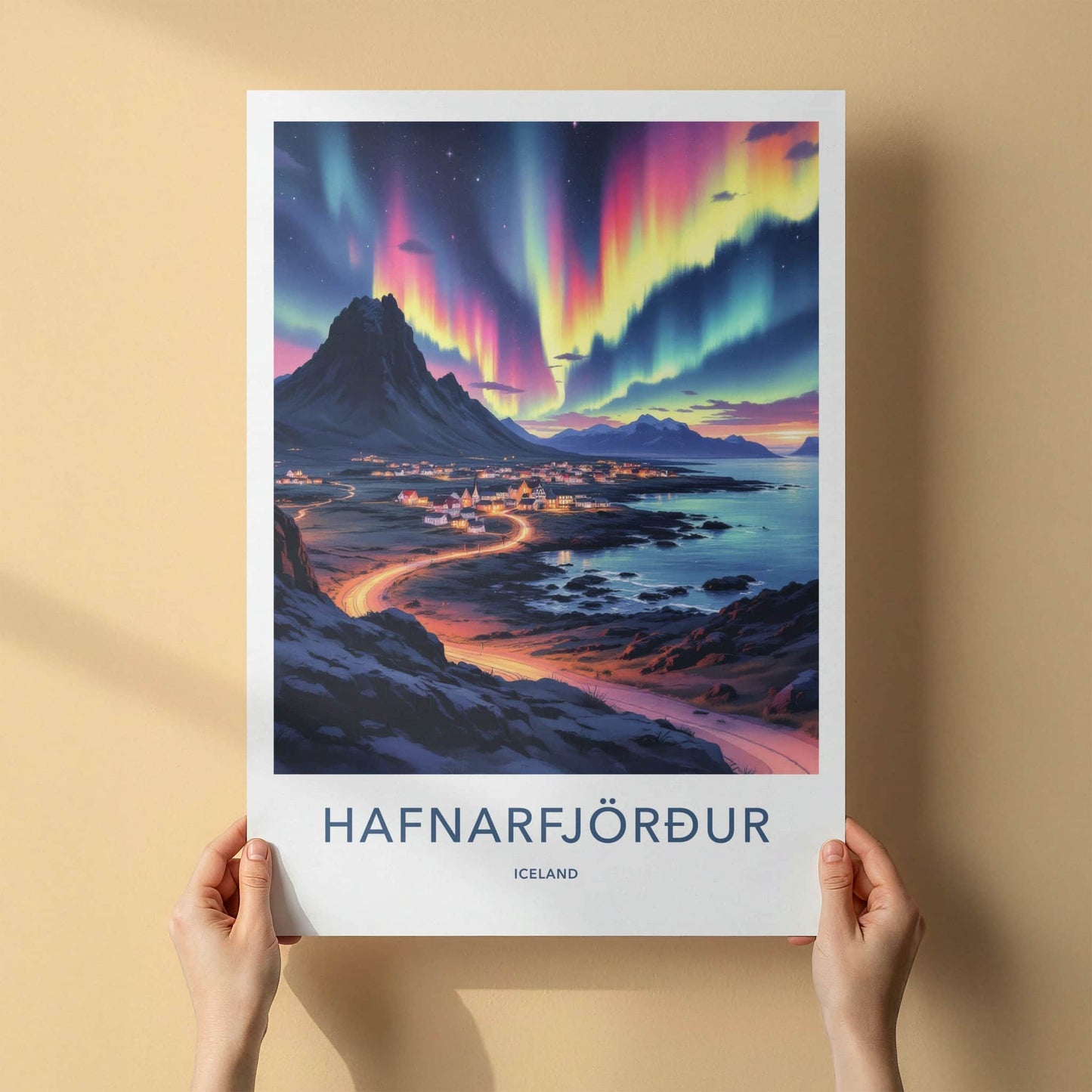 Hafnarfjordur Poster - Iceland Travel Art - Vibrant Aurora Sky Home Decor
