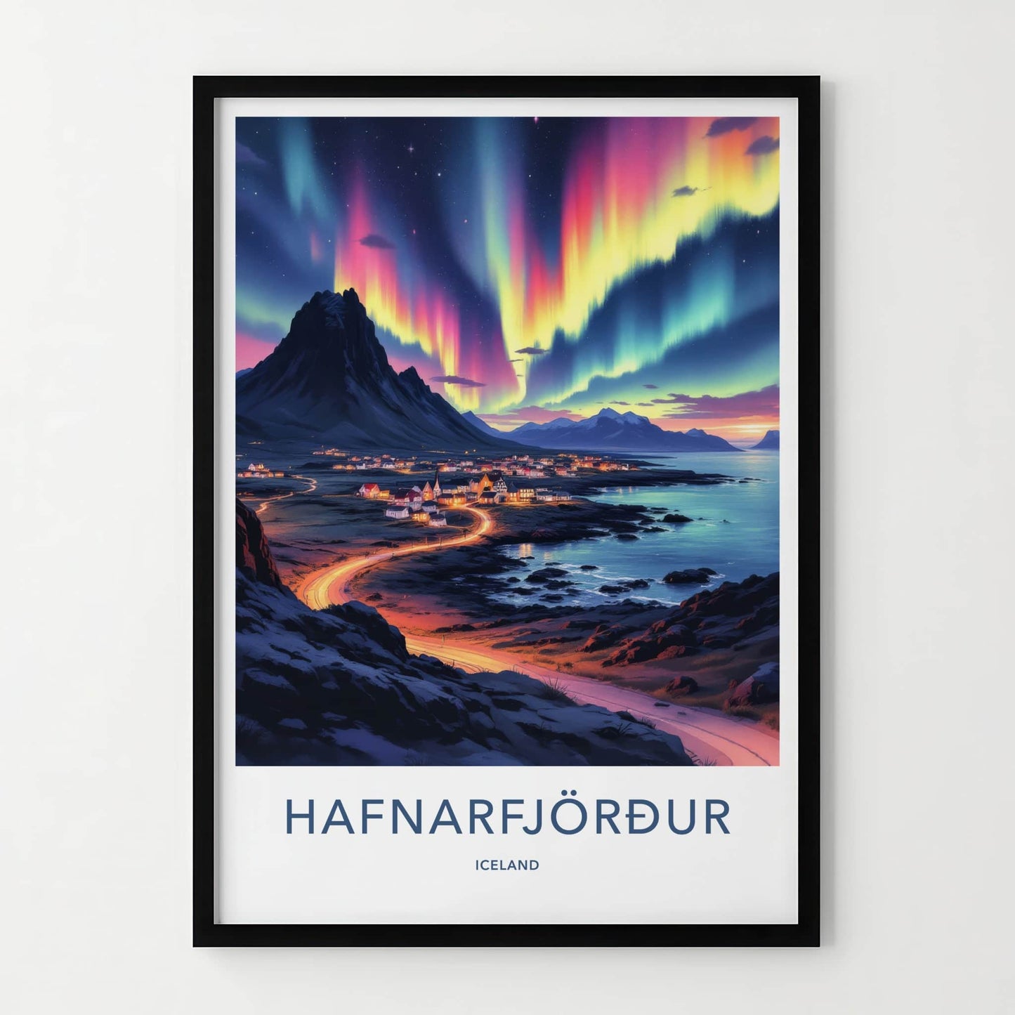 Hafnarfjordur Poster - Iceland Travel Art - Vibrant Aurora Sky Home Decor