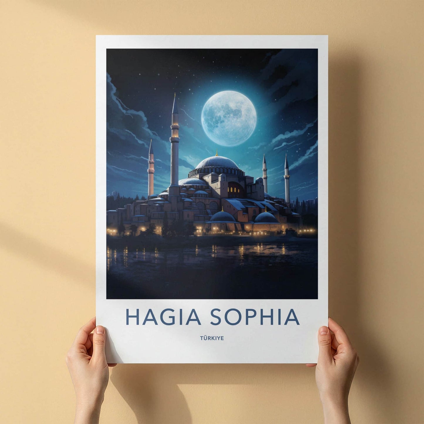 Hagia Sophia Poster - Turkey Travel Art - Full Moon Reflection Wall Decor