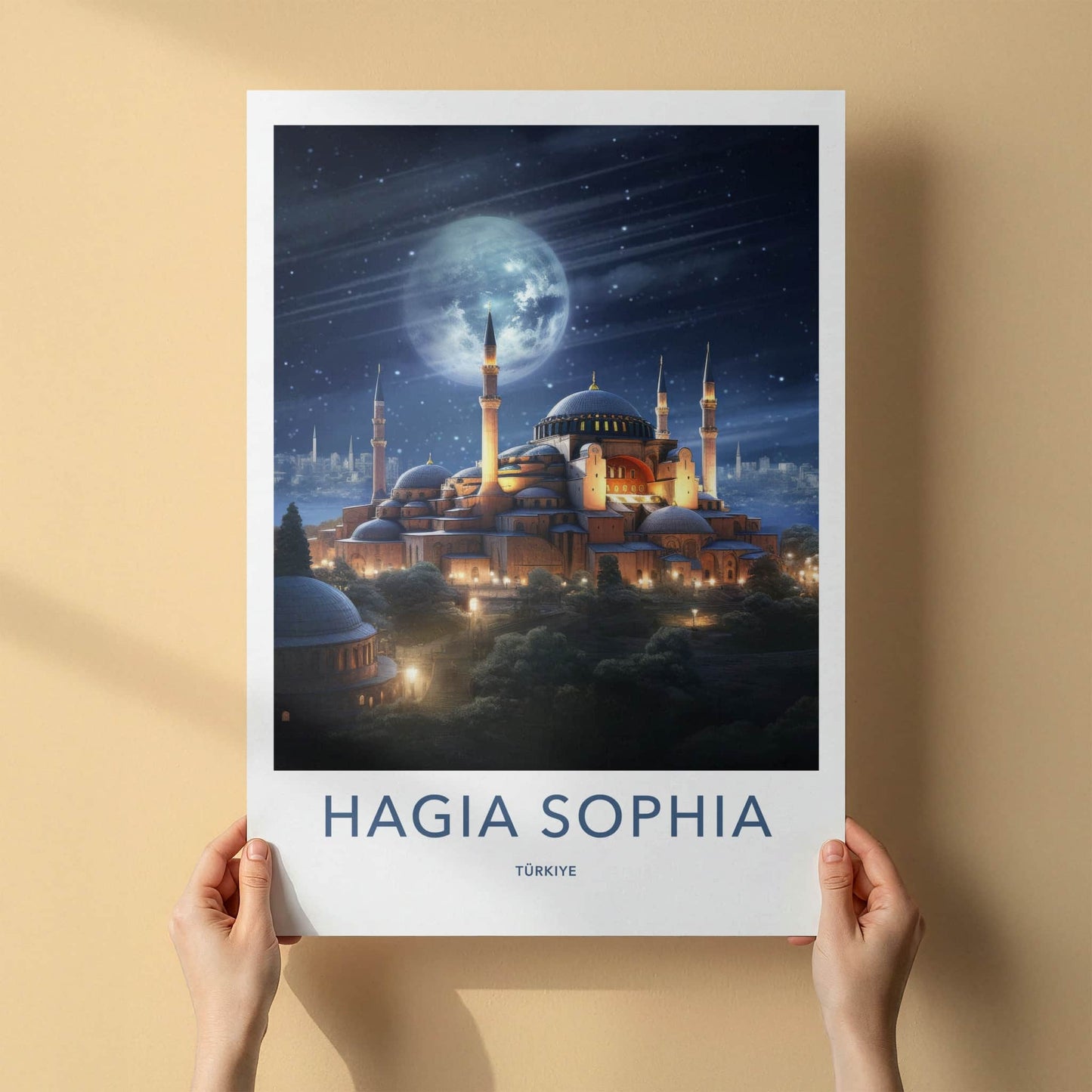 Hagia Sophia Poster - Turkey Travel Art - Illuminated Mosque Night Home Decor