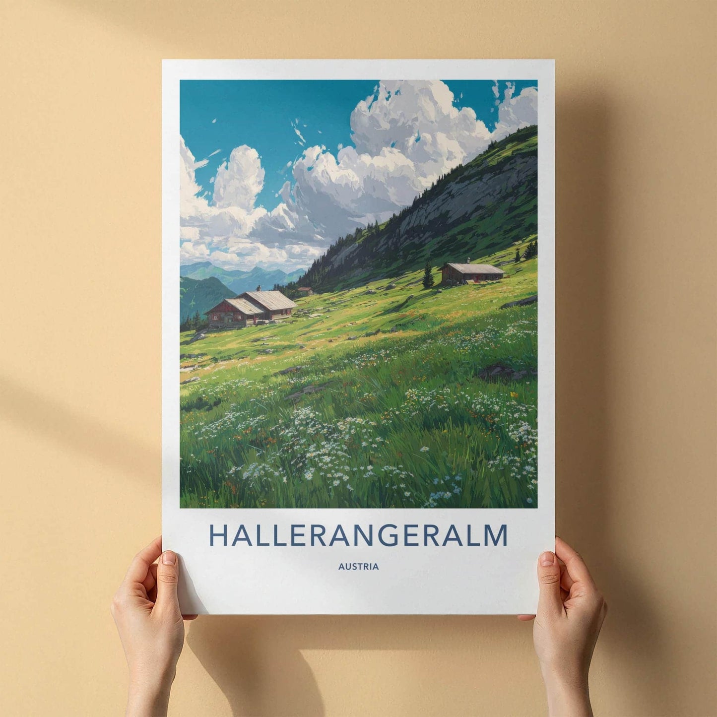 Halleralm Poster - Austria Art Print - Lush Mountain Pasture Wall Decor