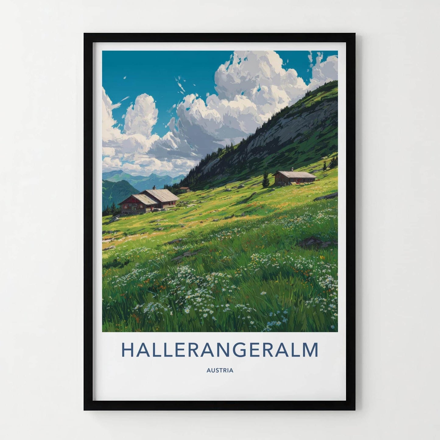 Halleralm Poster - Austria Art Print - Lush Mountain Pasture Wall Decor