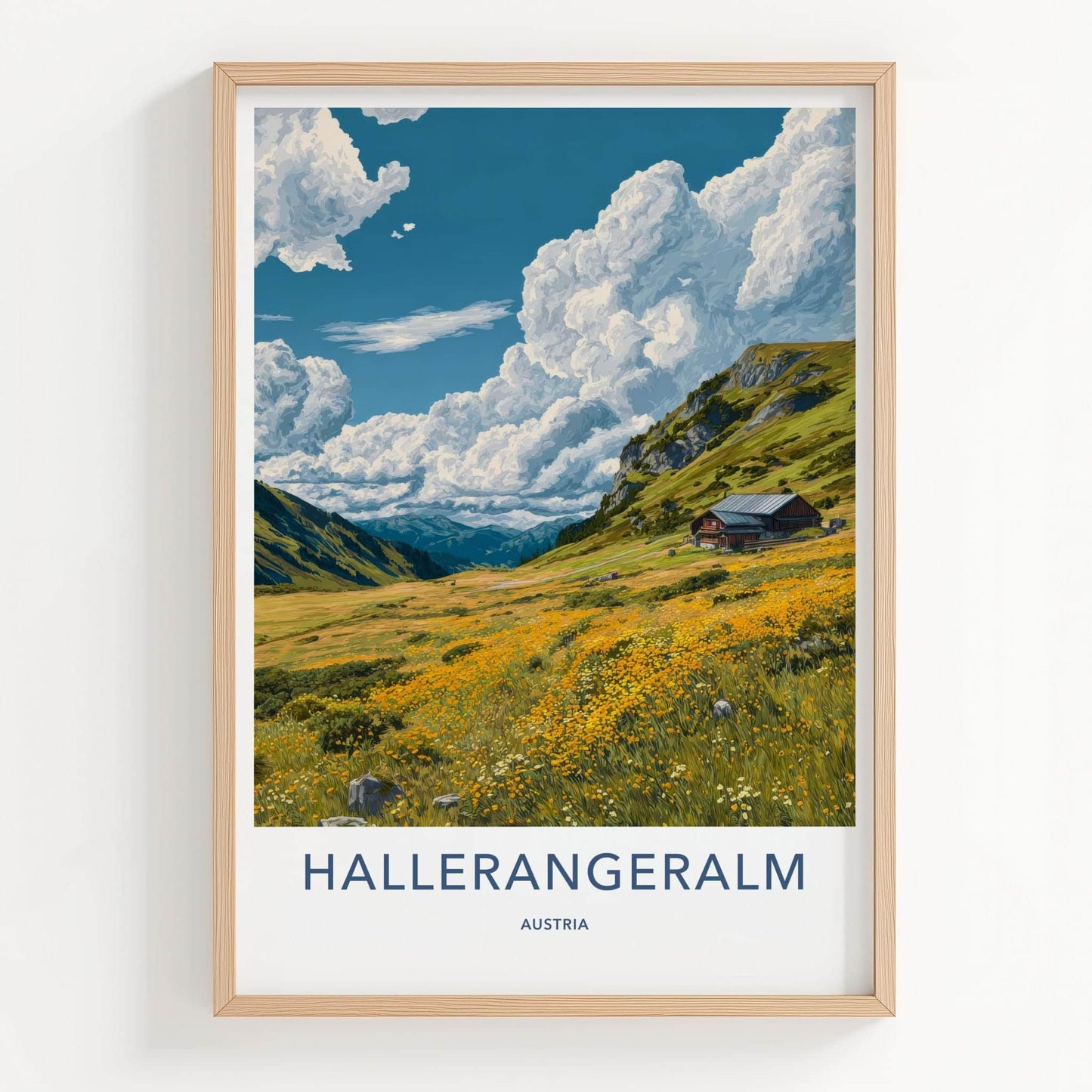 Hallerangeralm Poster - Austria Travel Art - Alpine Meadow Hut Home Decor