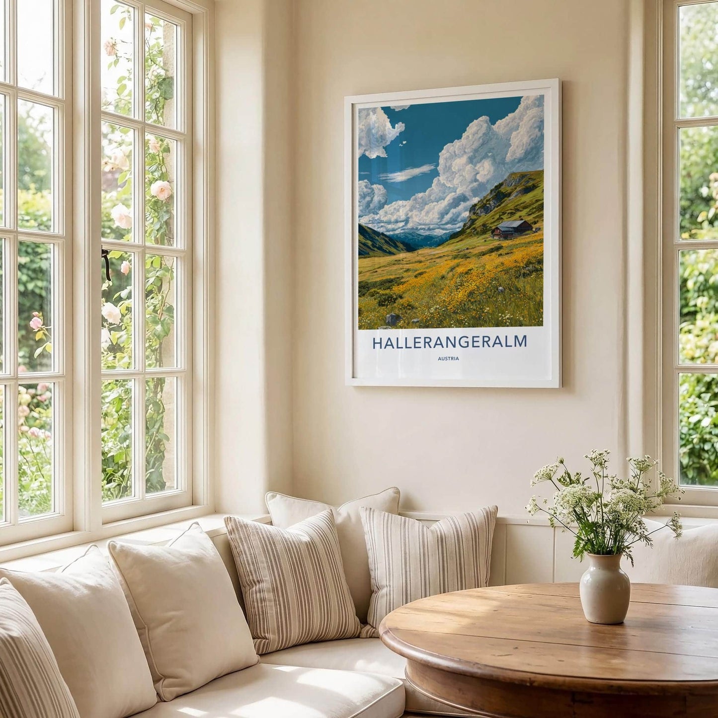 Hallerangeralm Poster - Austria Travel Art - Alpine Meadow Hut Home Decor