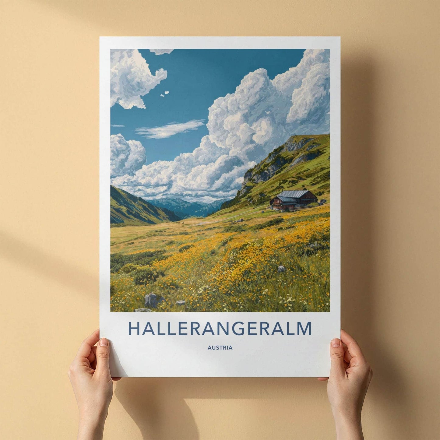 Hallerangeralm Poster - Austria Travel Art - Alpine Meadow Hut Home Decor