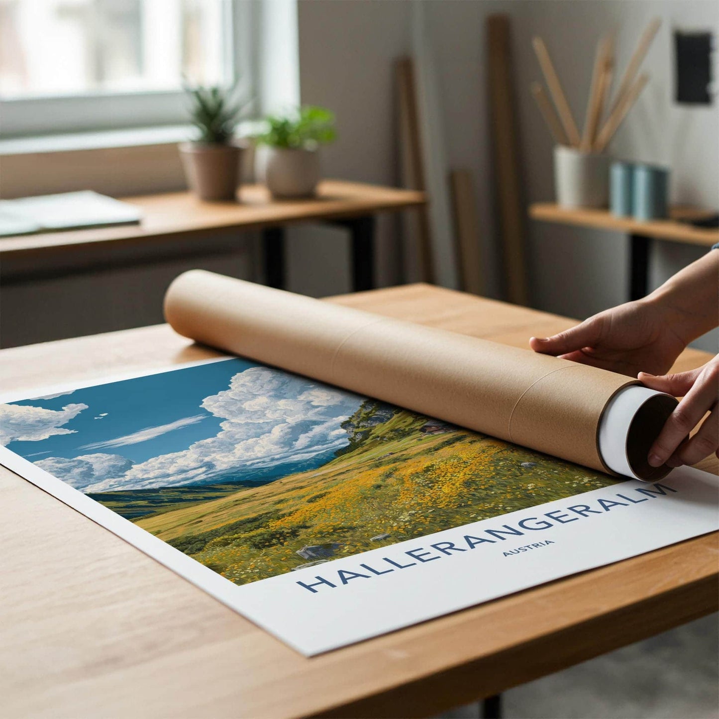 Hallerangeralm Poster - Austria Travel Art - Alpine Meadow Hut Home Decor