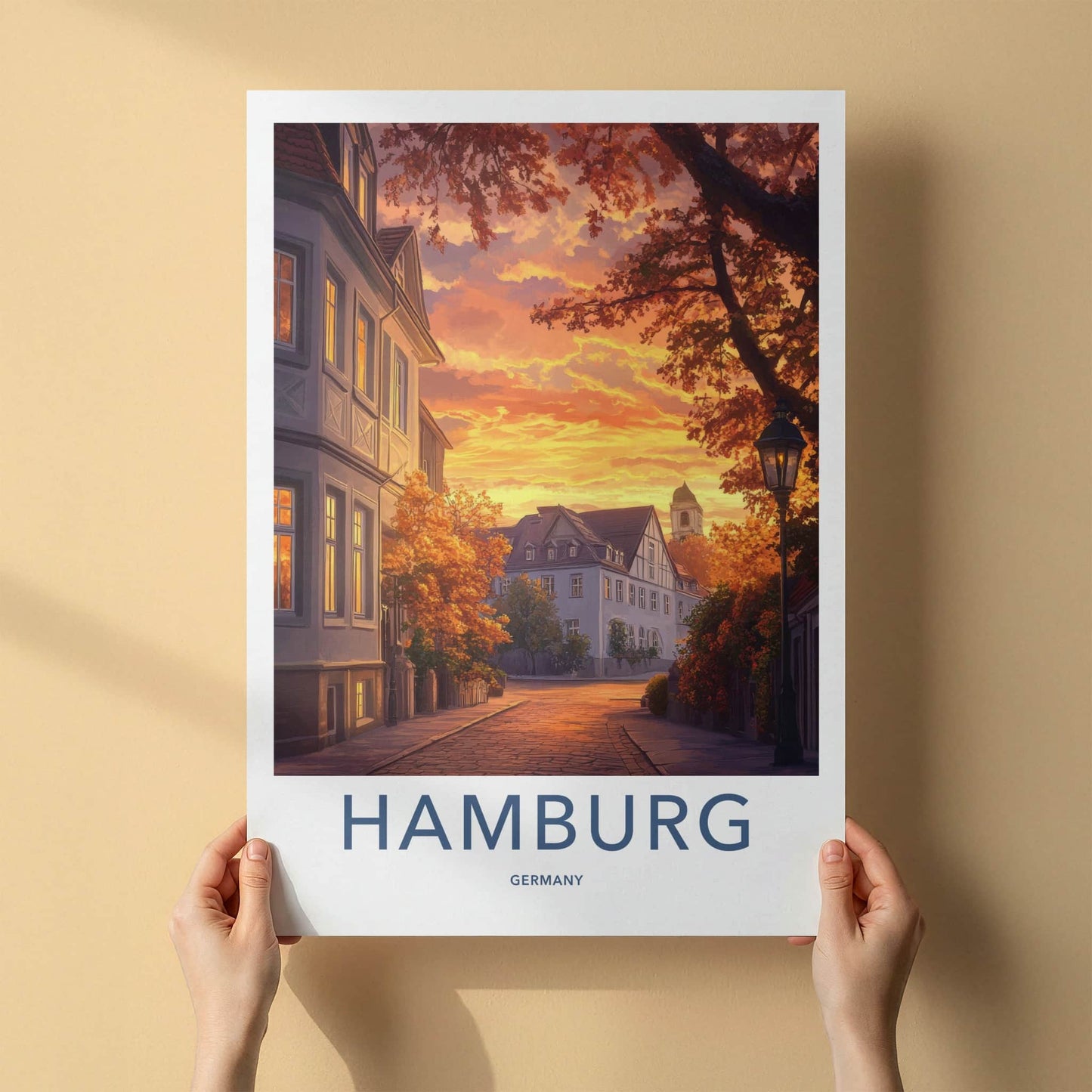 Hamburg Poster - Germany Travel Art - Autumn Sunset Street Home Decor
