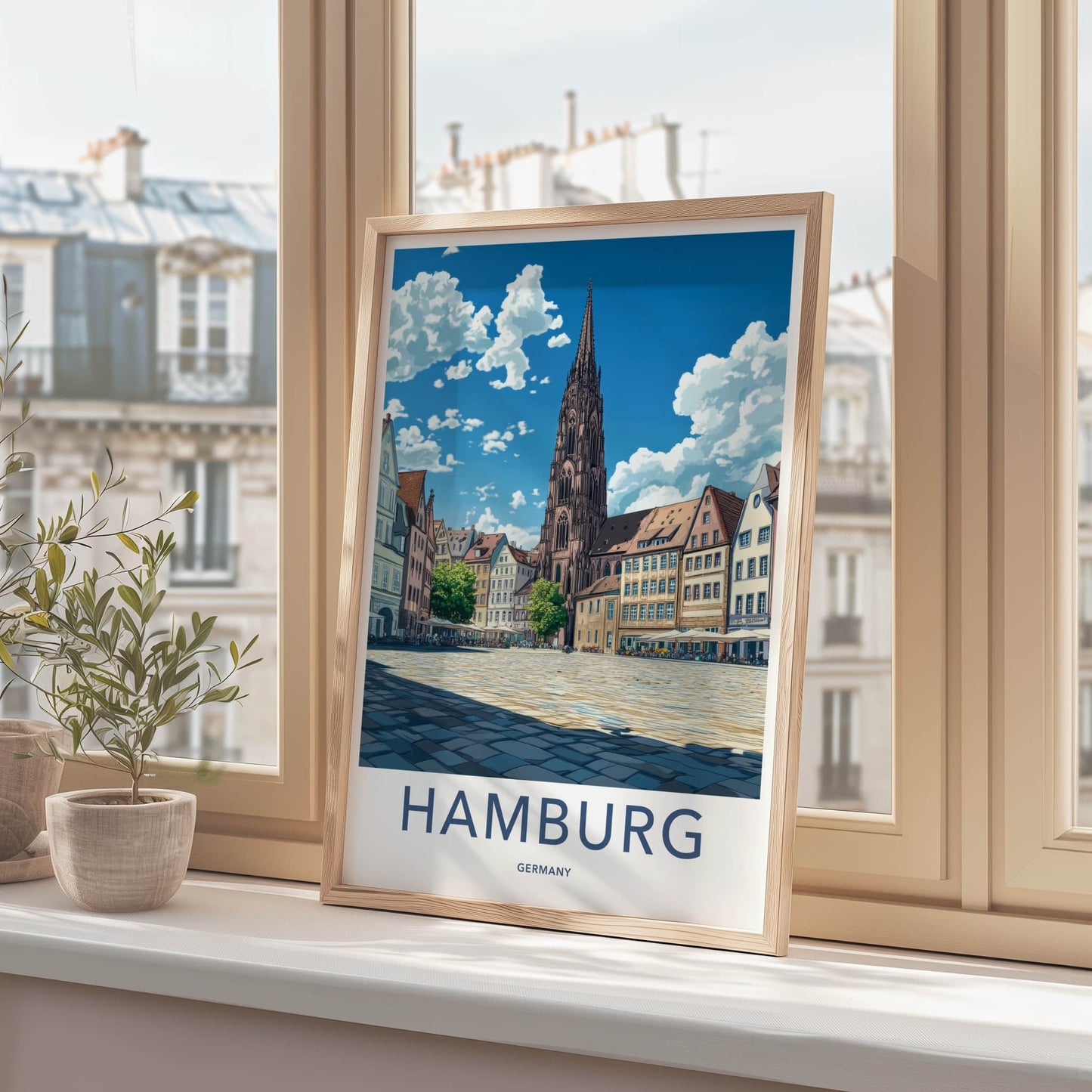 Hamburg Poster - Germany Travel Art - Gothic Spire Plaza Home Decor