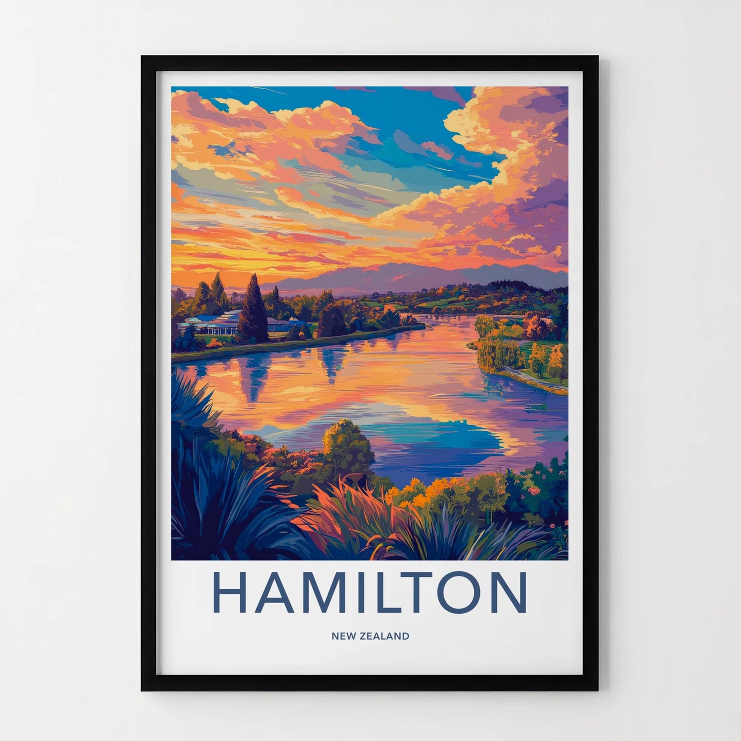 Hamilton Poster - New Zealand Travel Art - Colorful Lake Sunset Home Decor