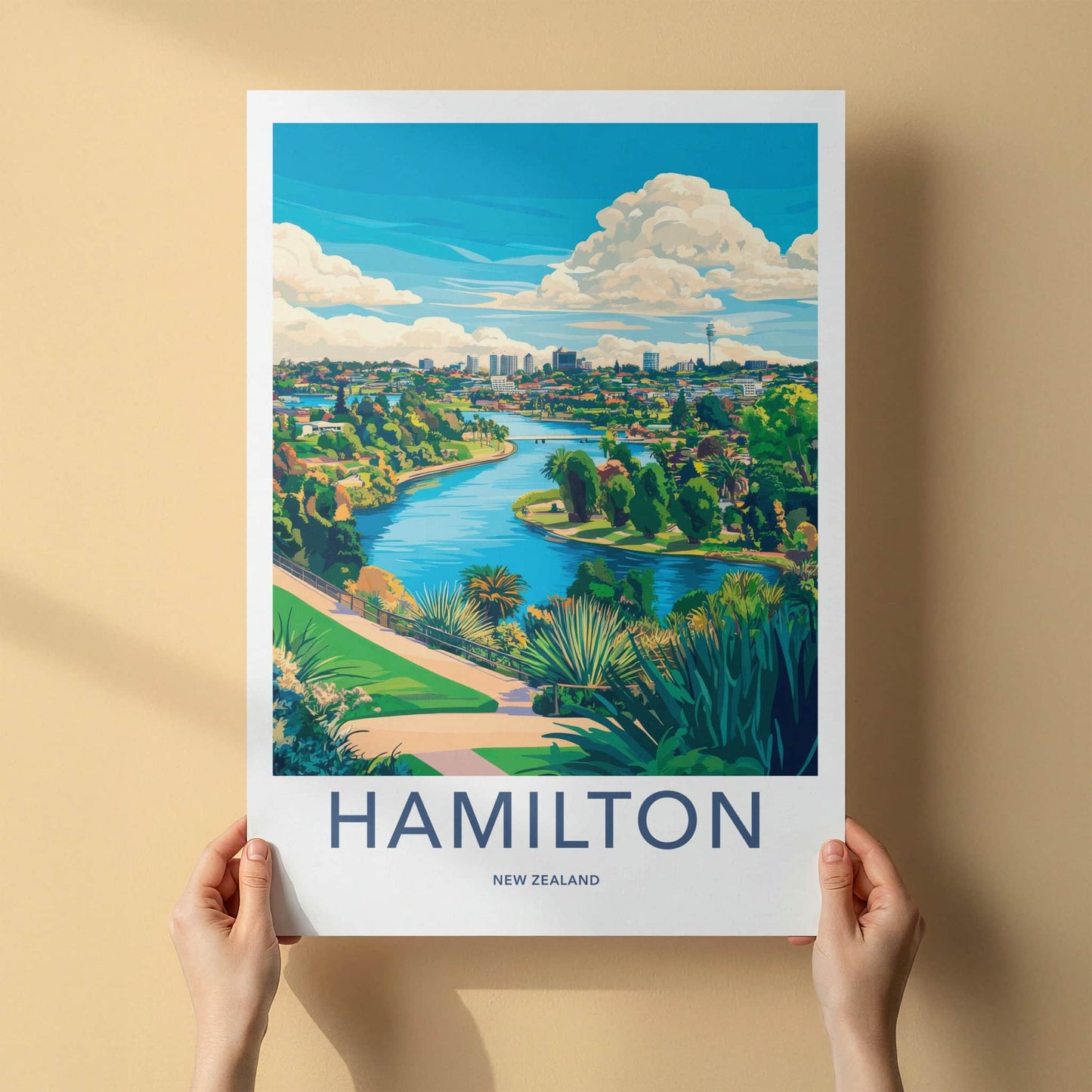 Hamilton Poster - New Zealand Travel Art - Vibrant River City Wall Decor