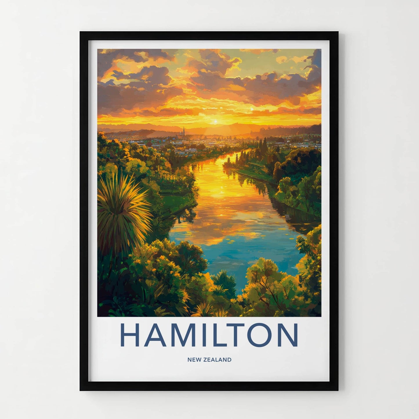 Hamilton Poster - New Zealand Travel Art - Waikato River Sunset Home Decor