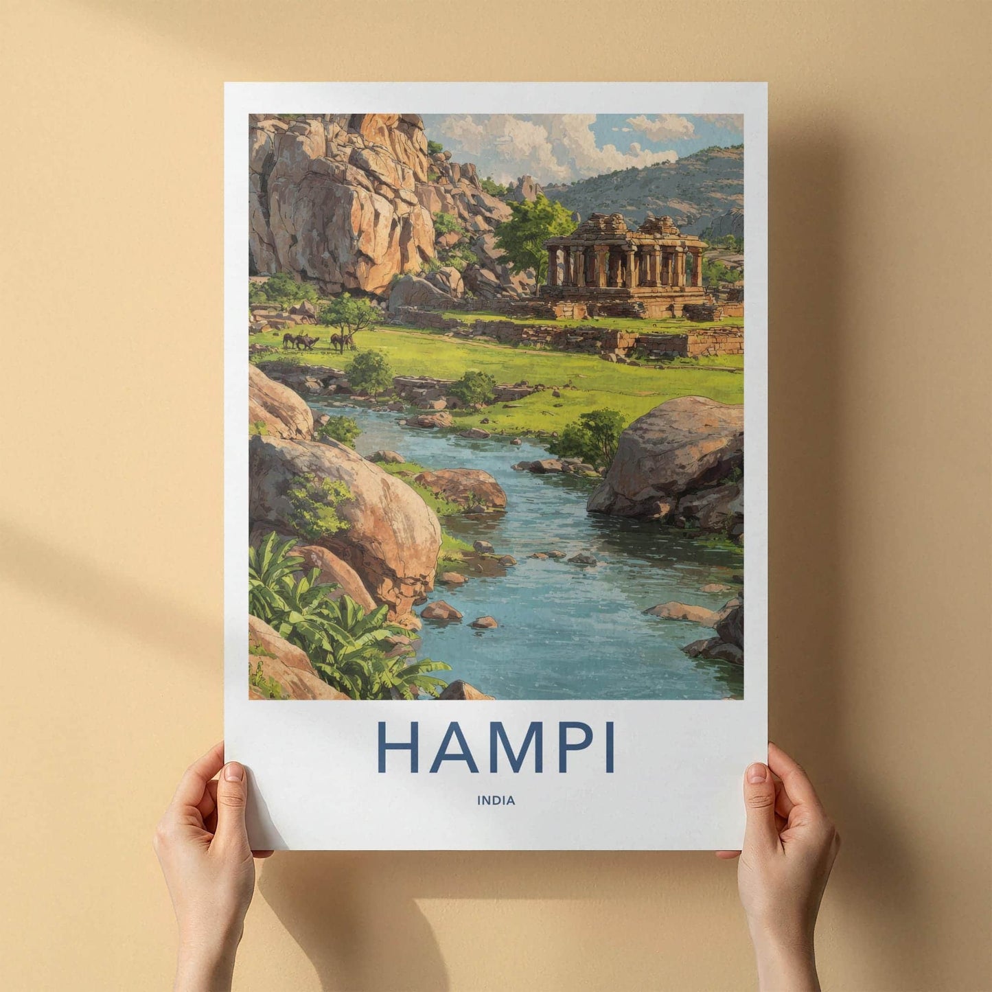 Hampi Poster - India Travel Art - Karnataka Boulder River Temple Home Decor