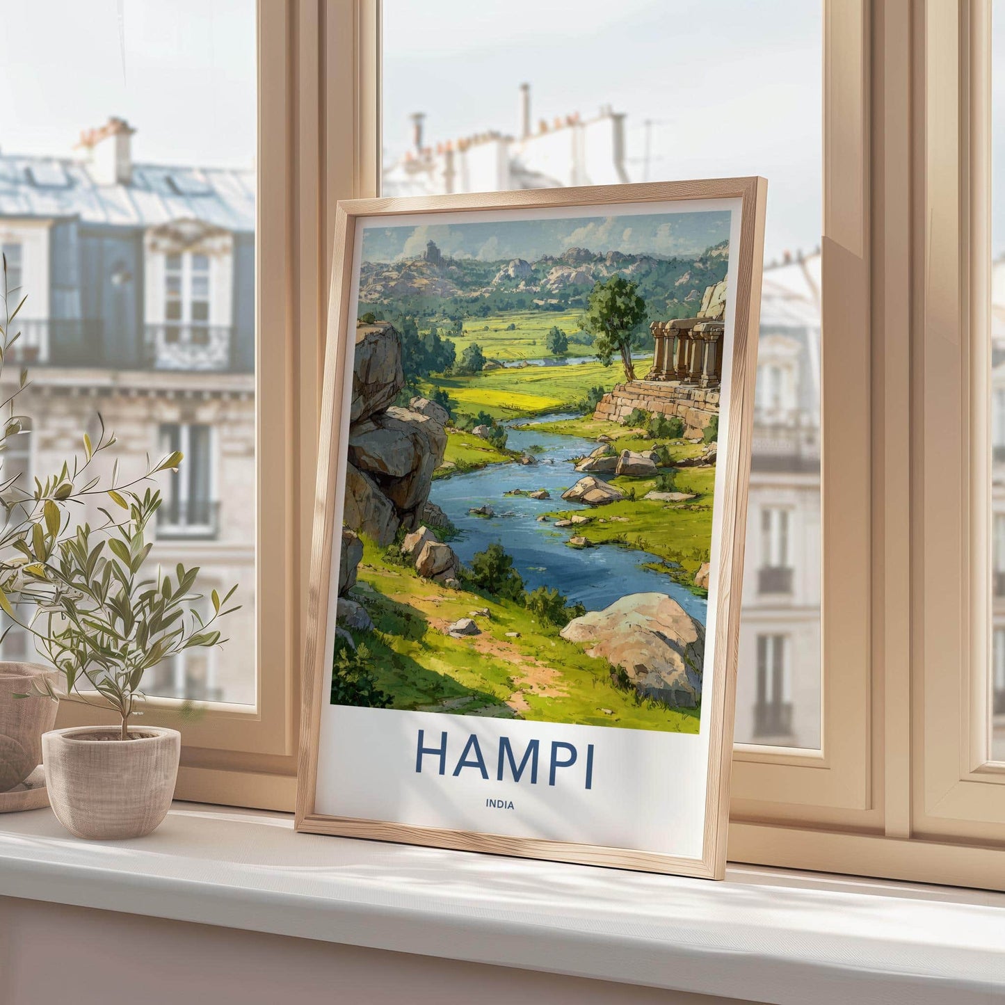Hampi Poster - India Travel Art - Karnataka River Valley Ruins Home Decor