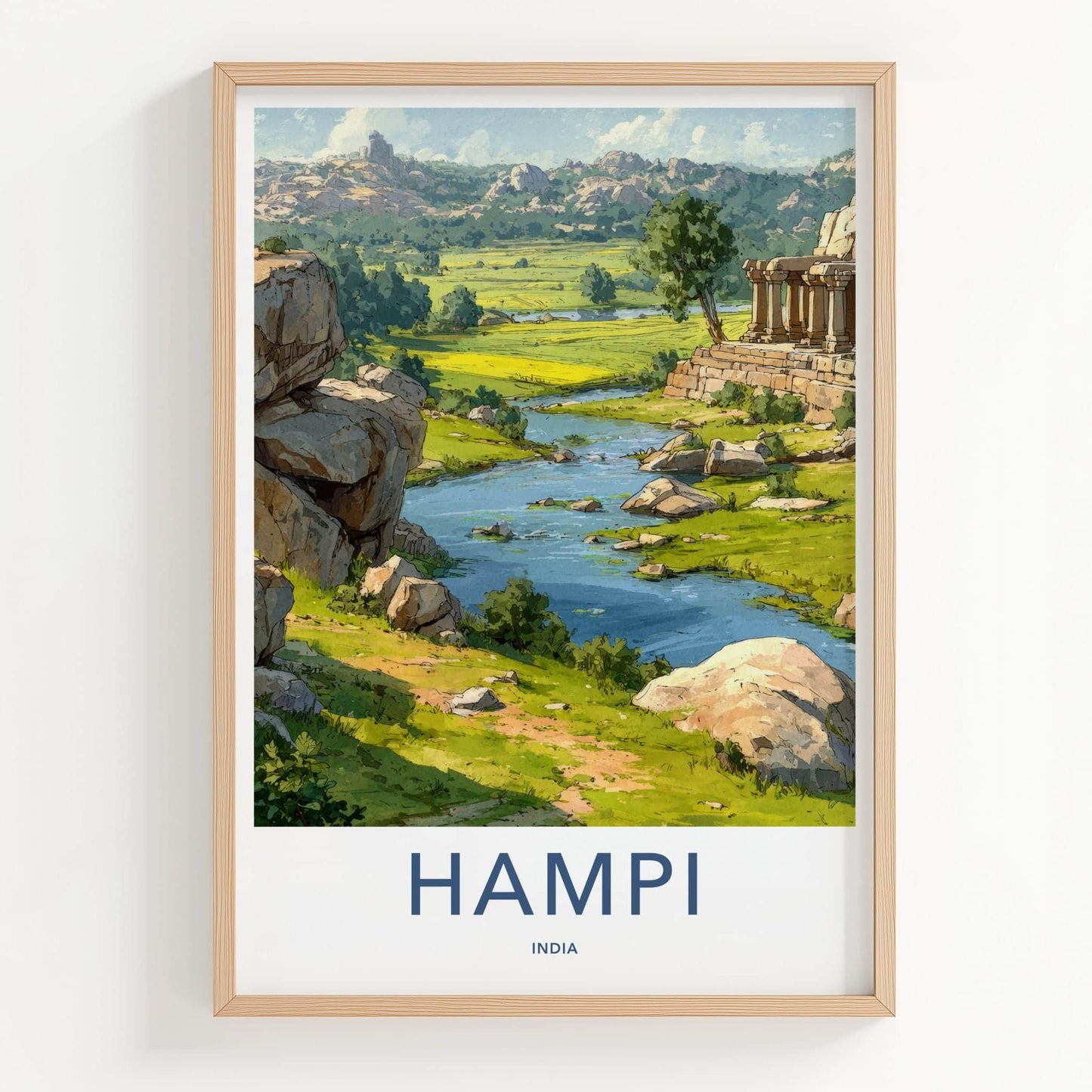 Hampi Poster - India Travel Art - Karnataka River Valley Ruins Home Decor