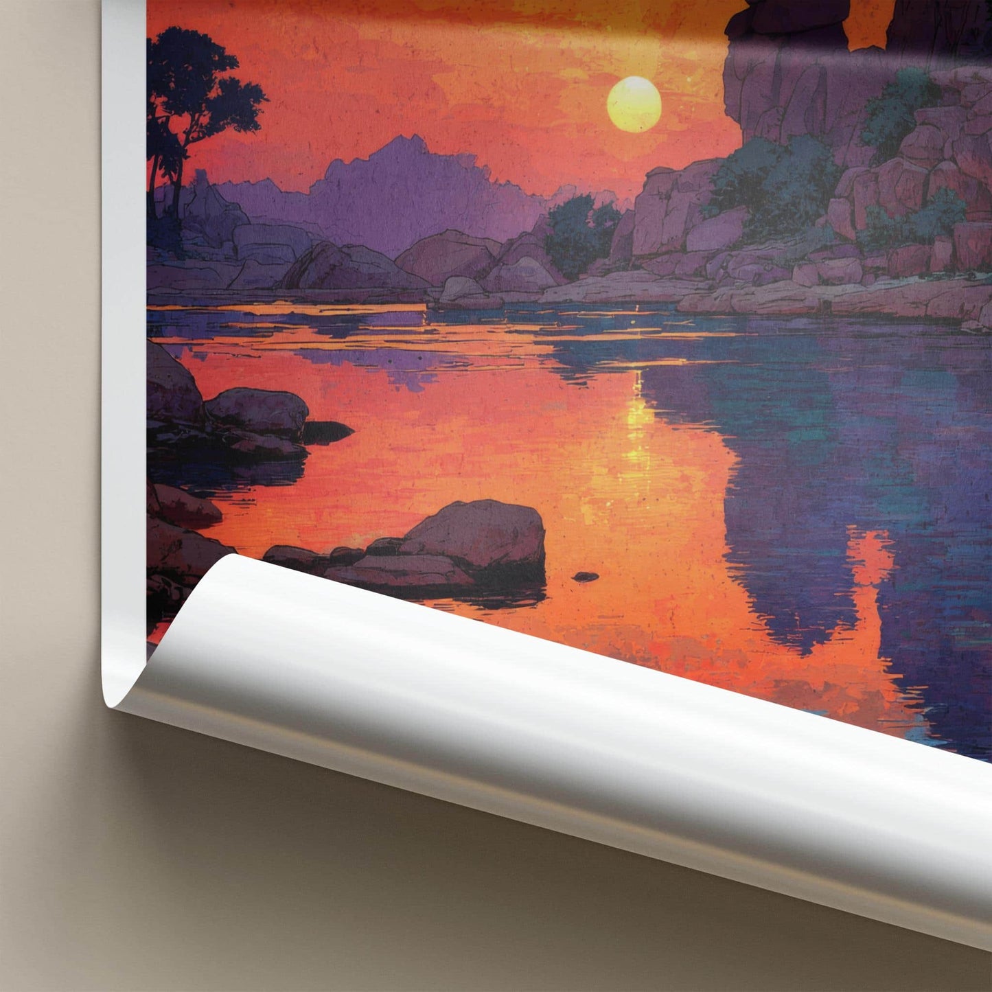 Hampi Poster - India Travel Art - Karnataka Rocky River Sunset Wall Decor