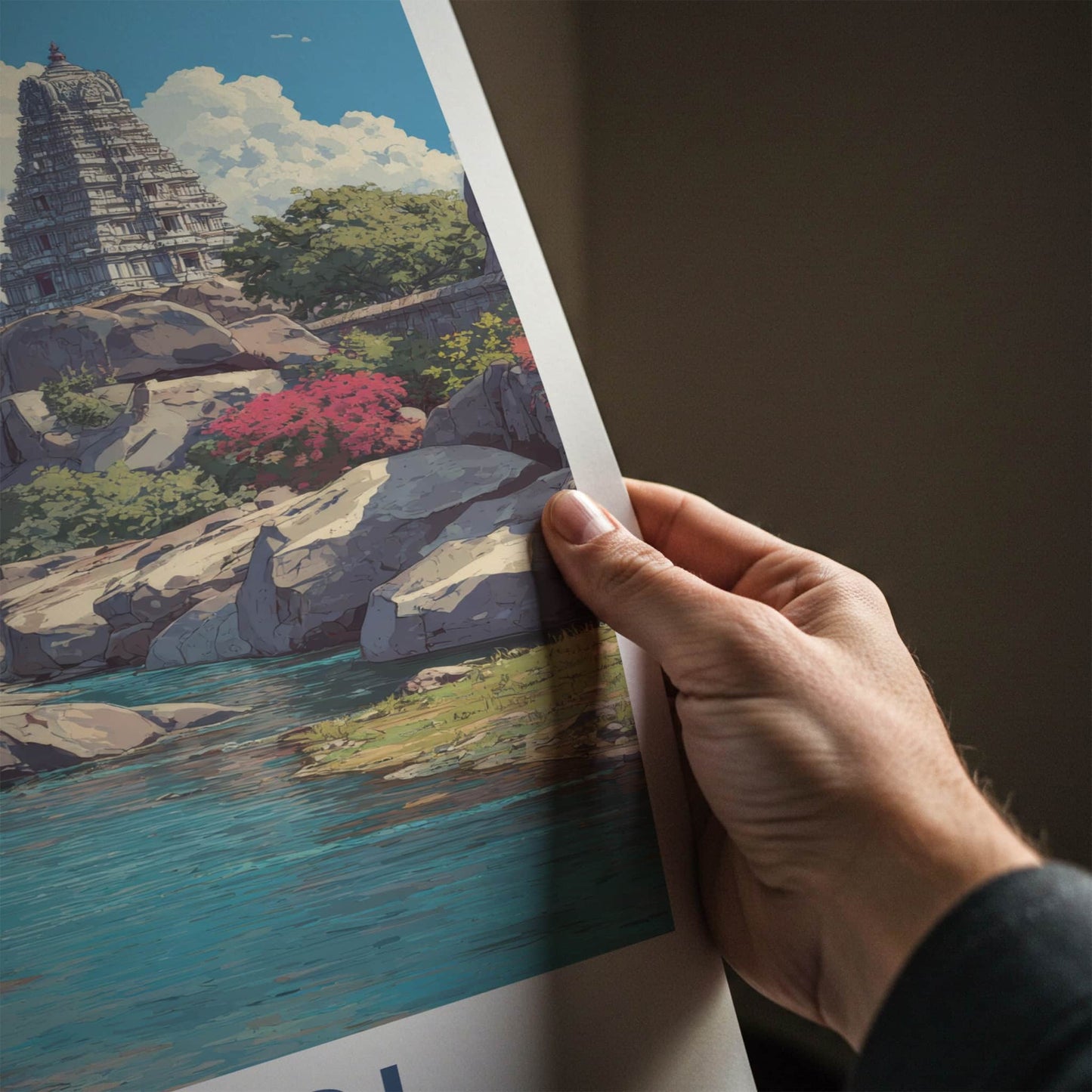 Hampi Poster - India Travel Art - Karnataka Temple River Wall Decor