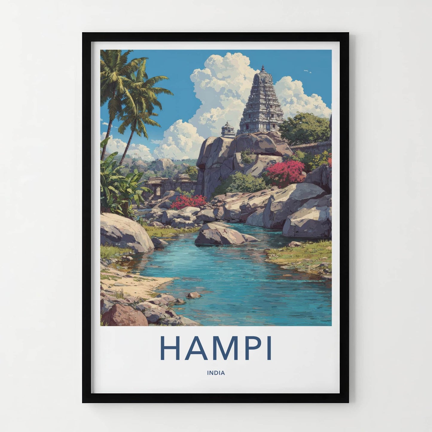 Hampi Poster - India Travel Art - Karnataka Temple River Wall Decor