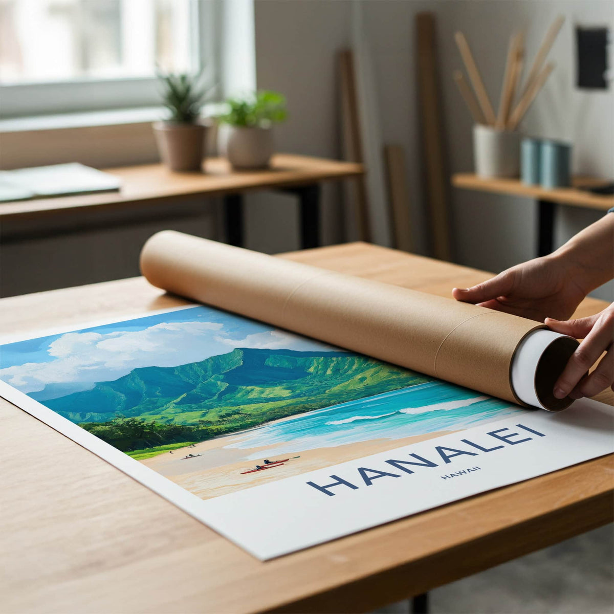 Hanalei Poster - Hawaii Travel Art - Mountain Beach Kayaks Wall Decor
