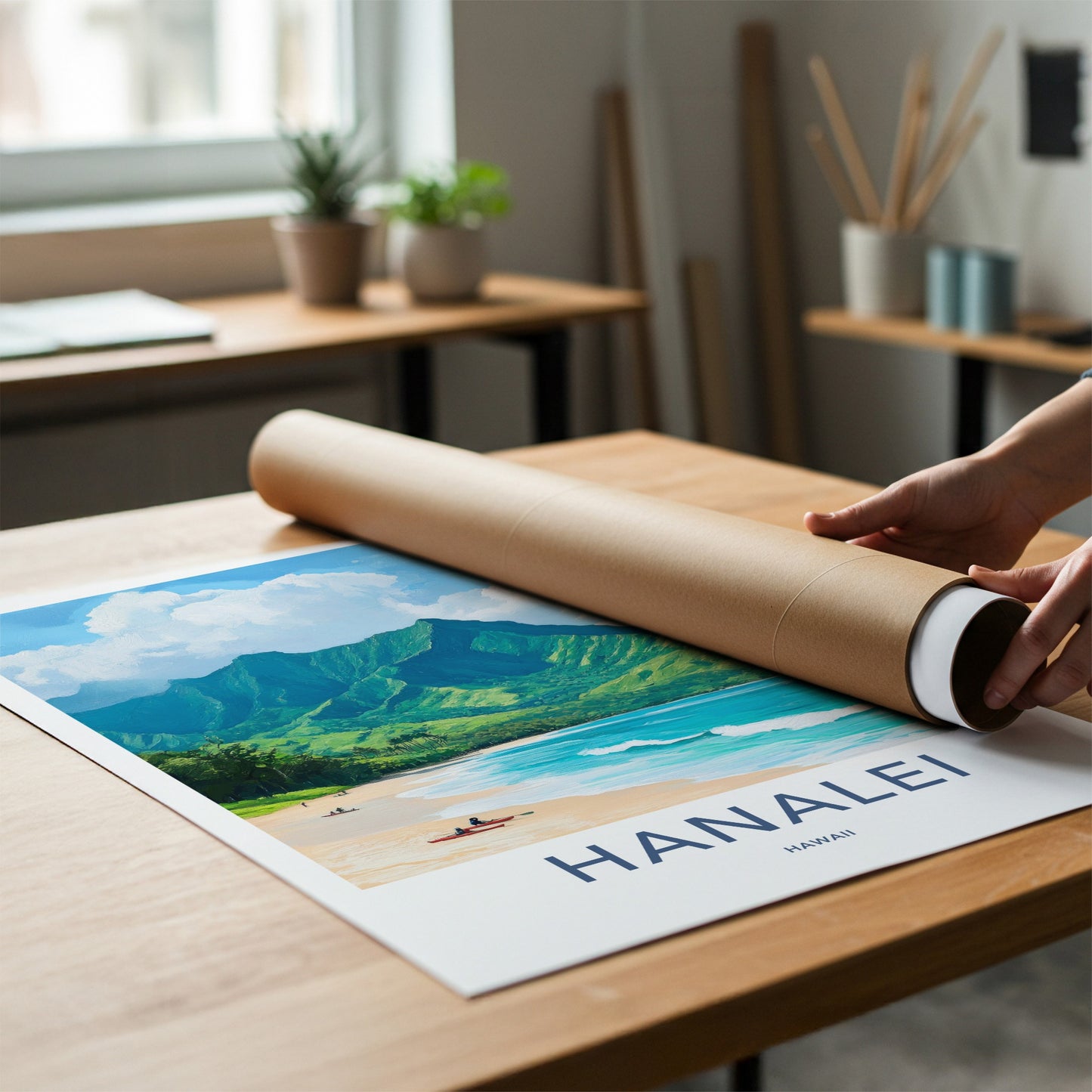 Hanalei Poster - Hawaii Travel Art - Mountain Beach Kayaks Wall Decor