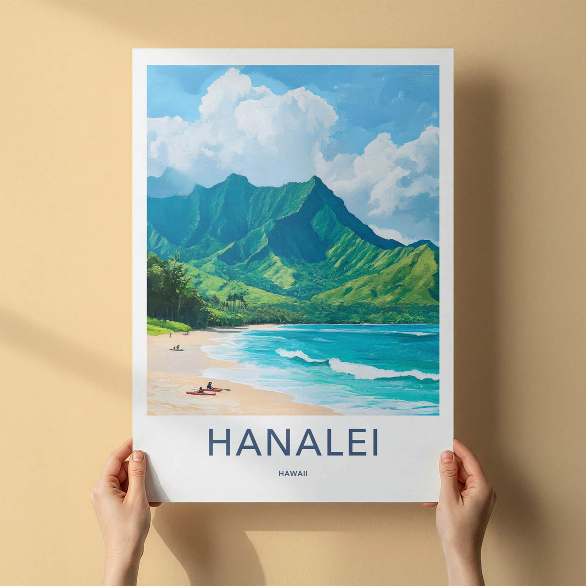 Hanalei Poster - Hawaii Travel Art - Mountain Beach Kayaks Wall Decor