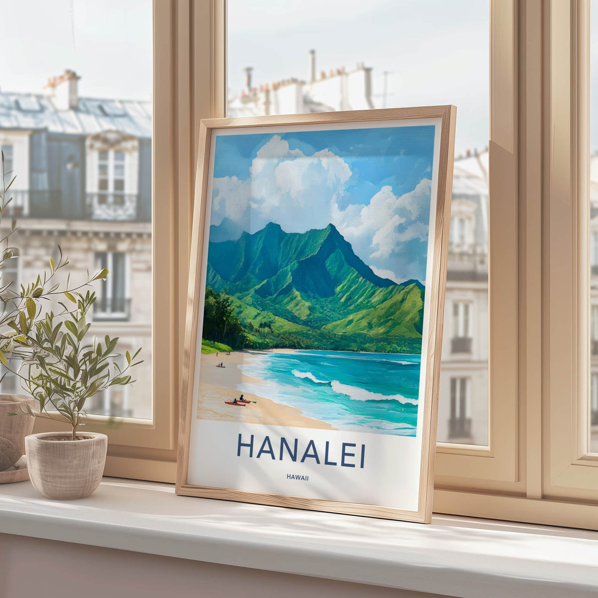 Hanalei Poster - Hawaii Travel Art - Mountain Beach Kayaks Wall Decor
