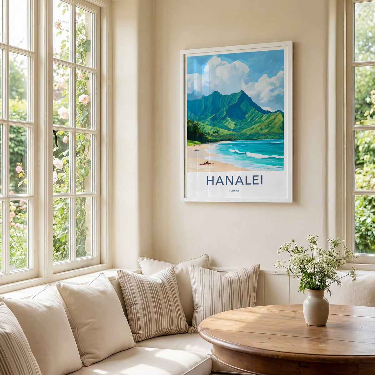 Hanalei Poster - Hawaii Travel Art - Mountain Beach Kayaks Wall Decor