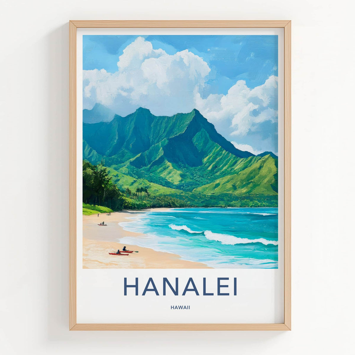 Hanalei Poster - Hawaii Travel Art - Mountain Beach Kayaks Wall Decor