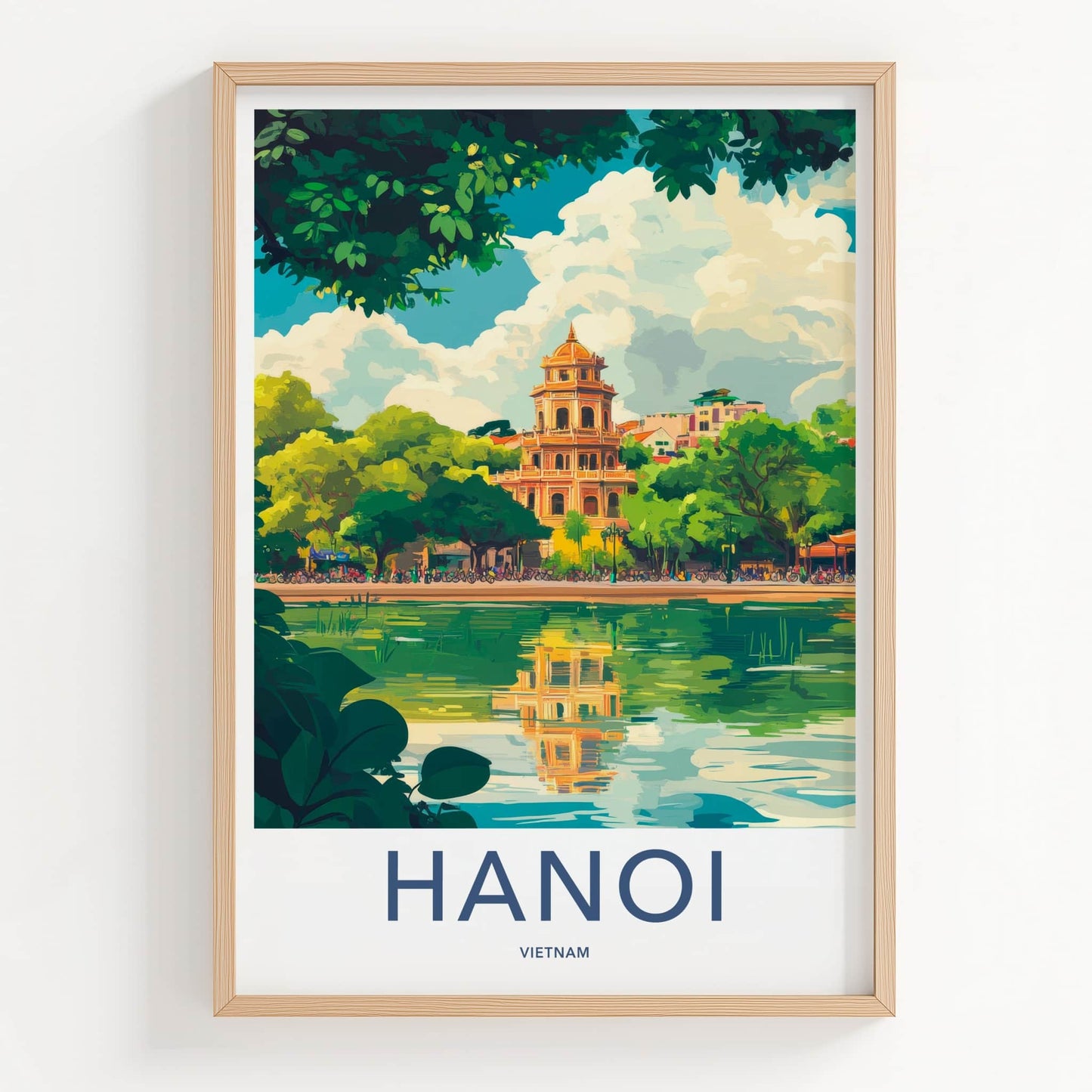 Hanoi Poster - Vietnam Travel Art - Temple Lake Reflection Home Decor
