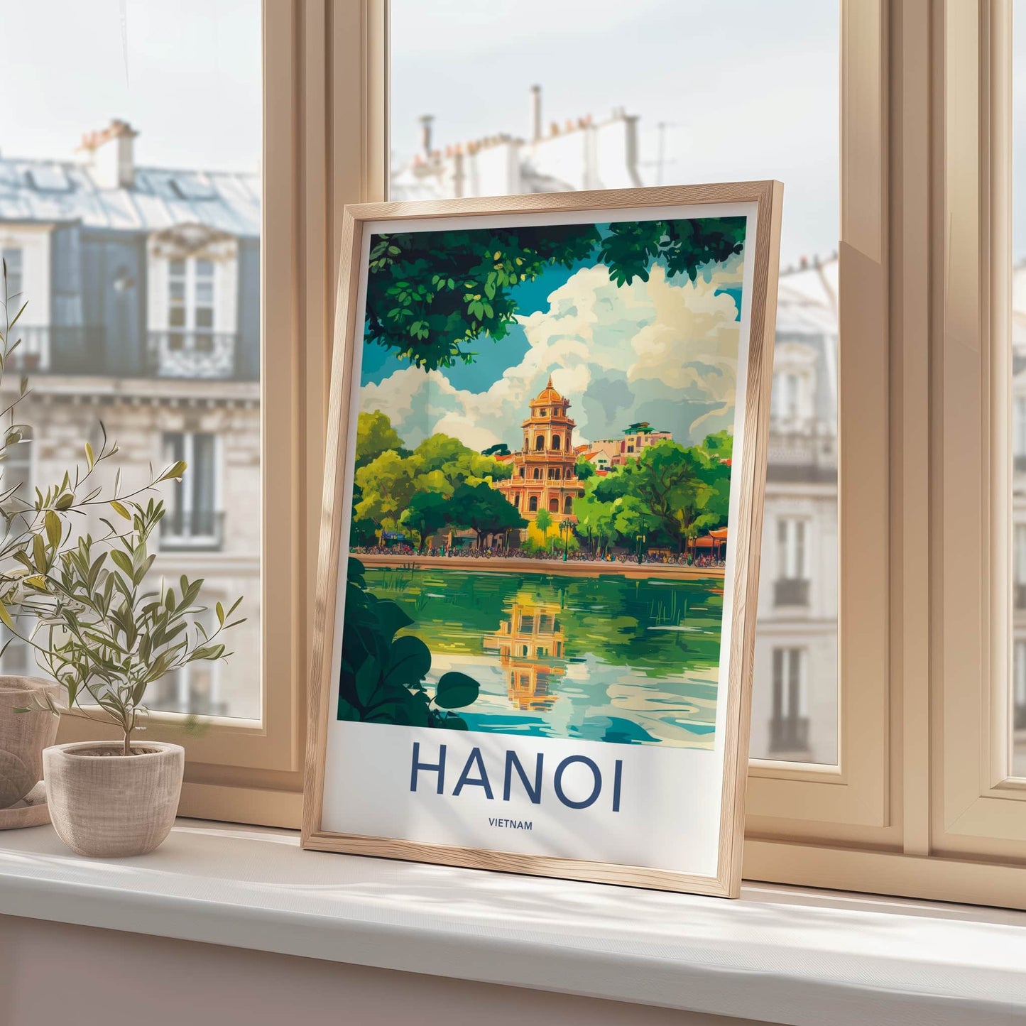 Hanoi Poster - Vietnam Travel Art - Temple Lake Reflection Home Decor