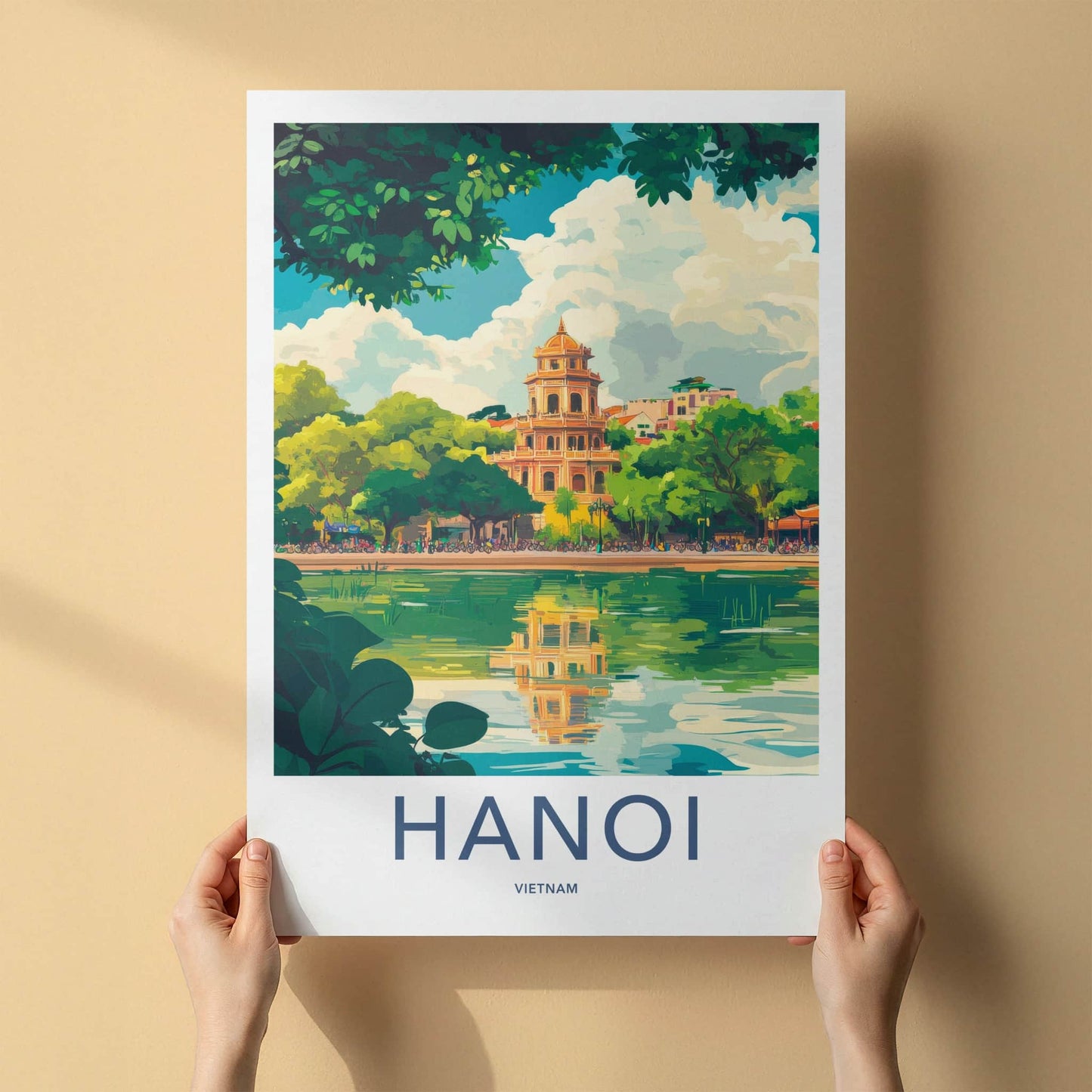 Hanoi Poster - Vietnam Travel Art - Temple Lake Reflection Home Decor
