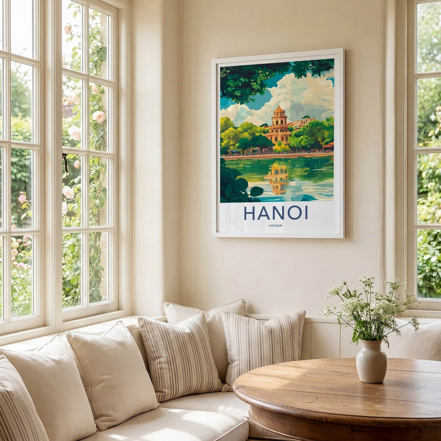 Hanoi Poster - Vietnam Travel Art - Temple Lake Reflection Home Decor