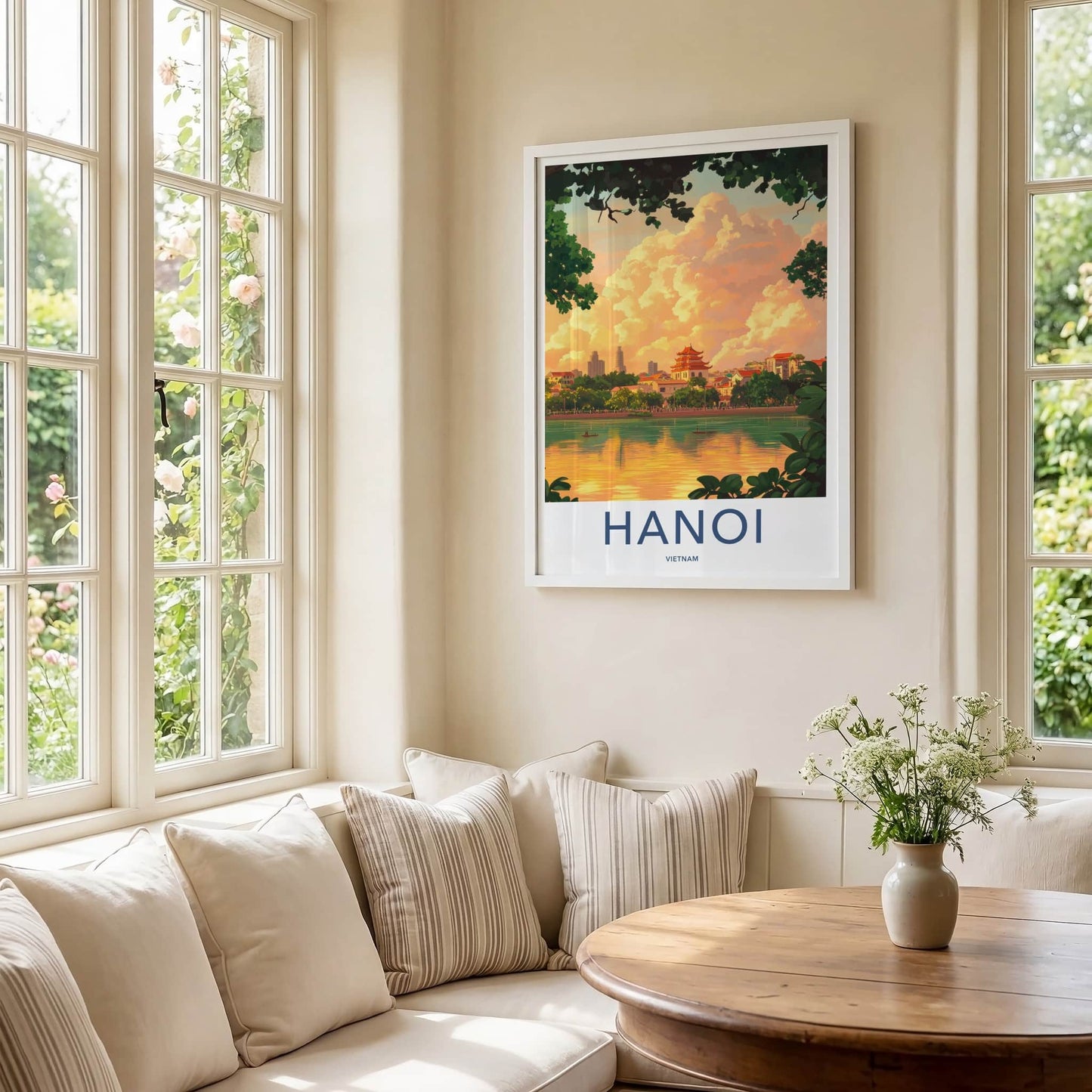 Hanoi Poster - Vietnam Travel Art - Temple Lake Sunset Home Decor