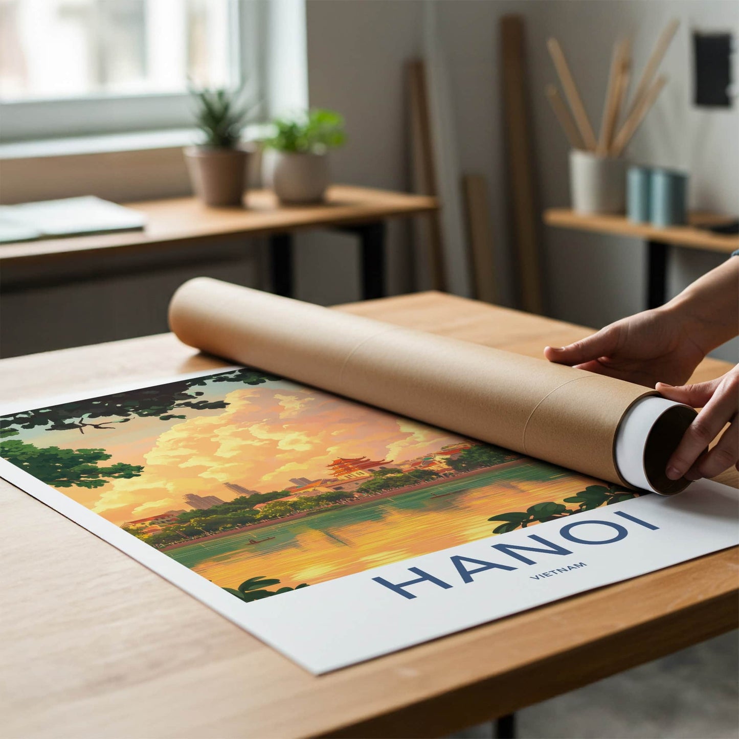 Hanoi Poster - Vietnam Travel Art - Temple Lake Sunset Home Decor