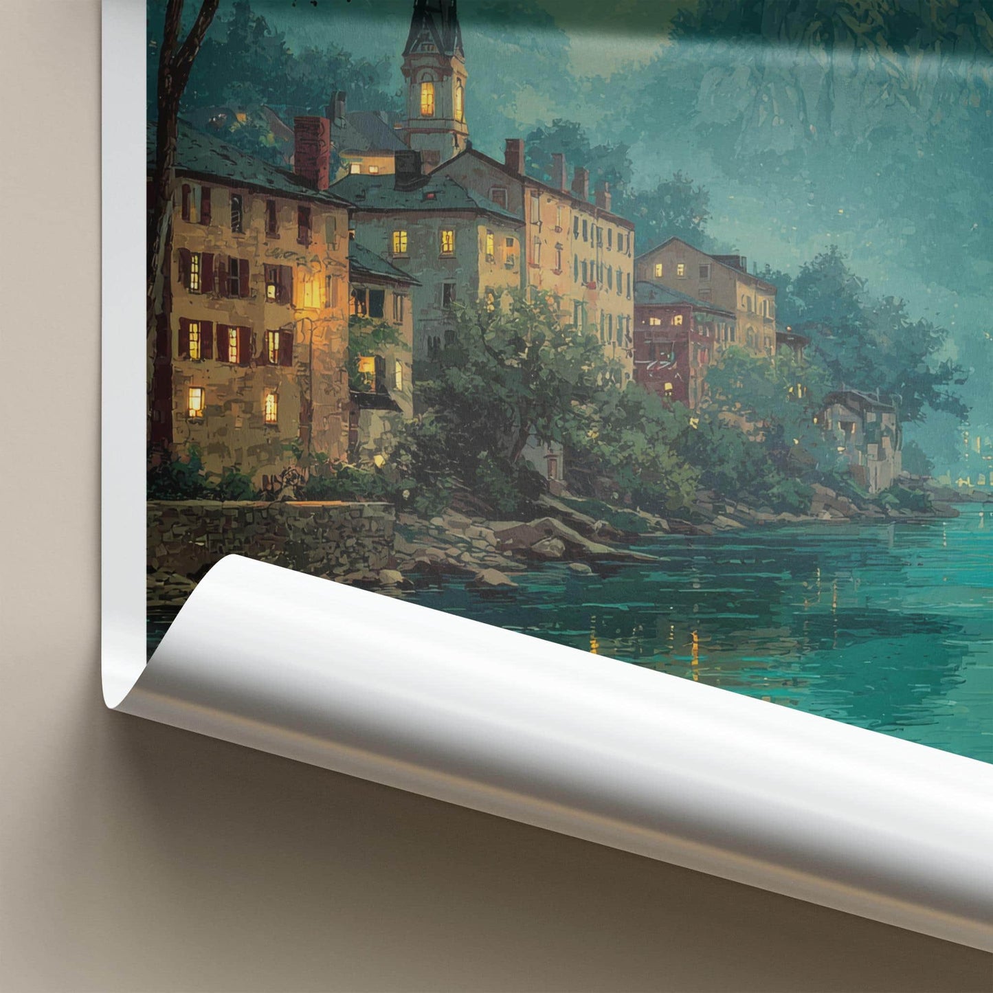 Harpers Ferry Poster - West Virginia Travel Art - Lit Up River Town Wall Decor