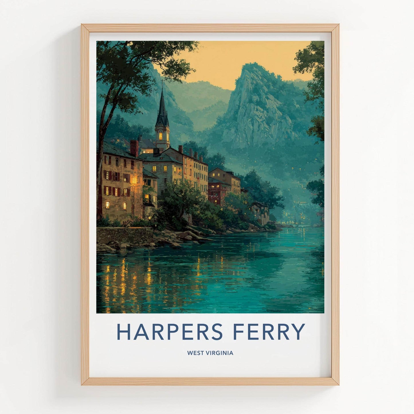 Harpers Ferry Poster - West Virginia Travel Art - Lit Up River Town Wall Decor