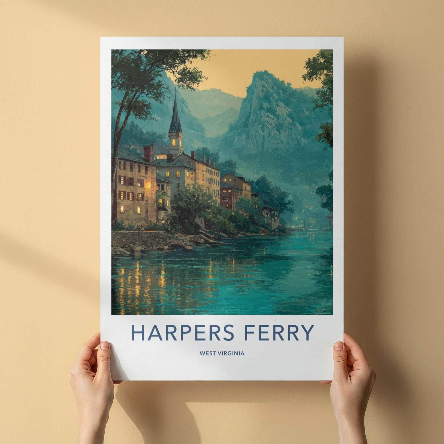 Harpers Ferry Poster - West Virginia Travel Art - Lit Up River Town Wall Decor