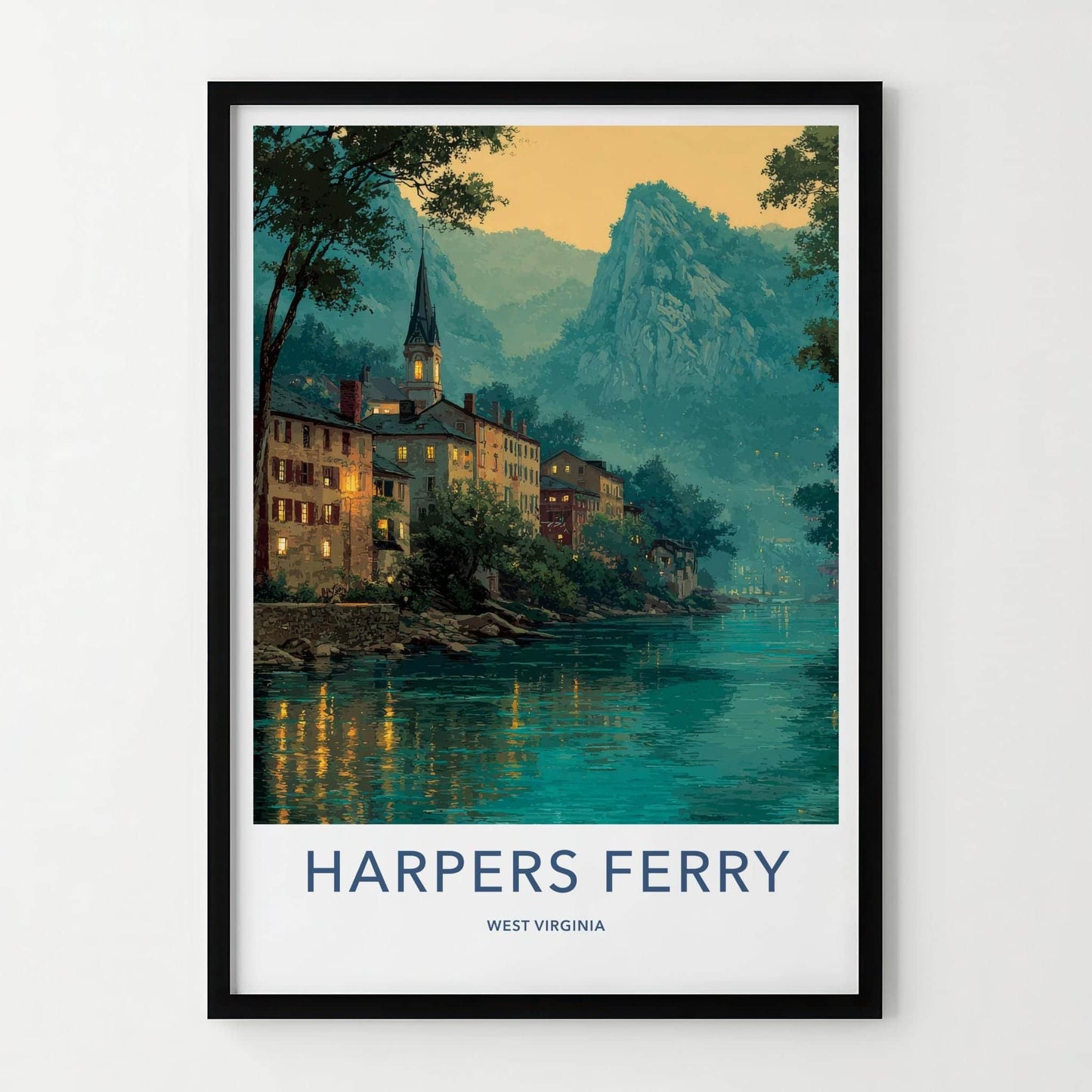 Harpers Ferry Poster - West Virginia Travel Art - Lit Up River Town Wall Decor