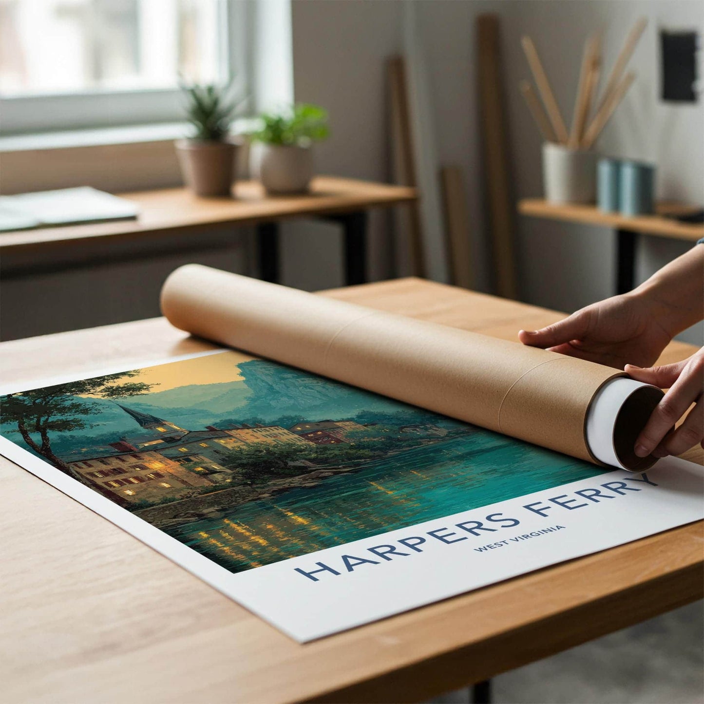 Harpers Ferry Poster - West Virginia Travel Art - Lit Up River Town Wall Decor