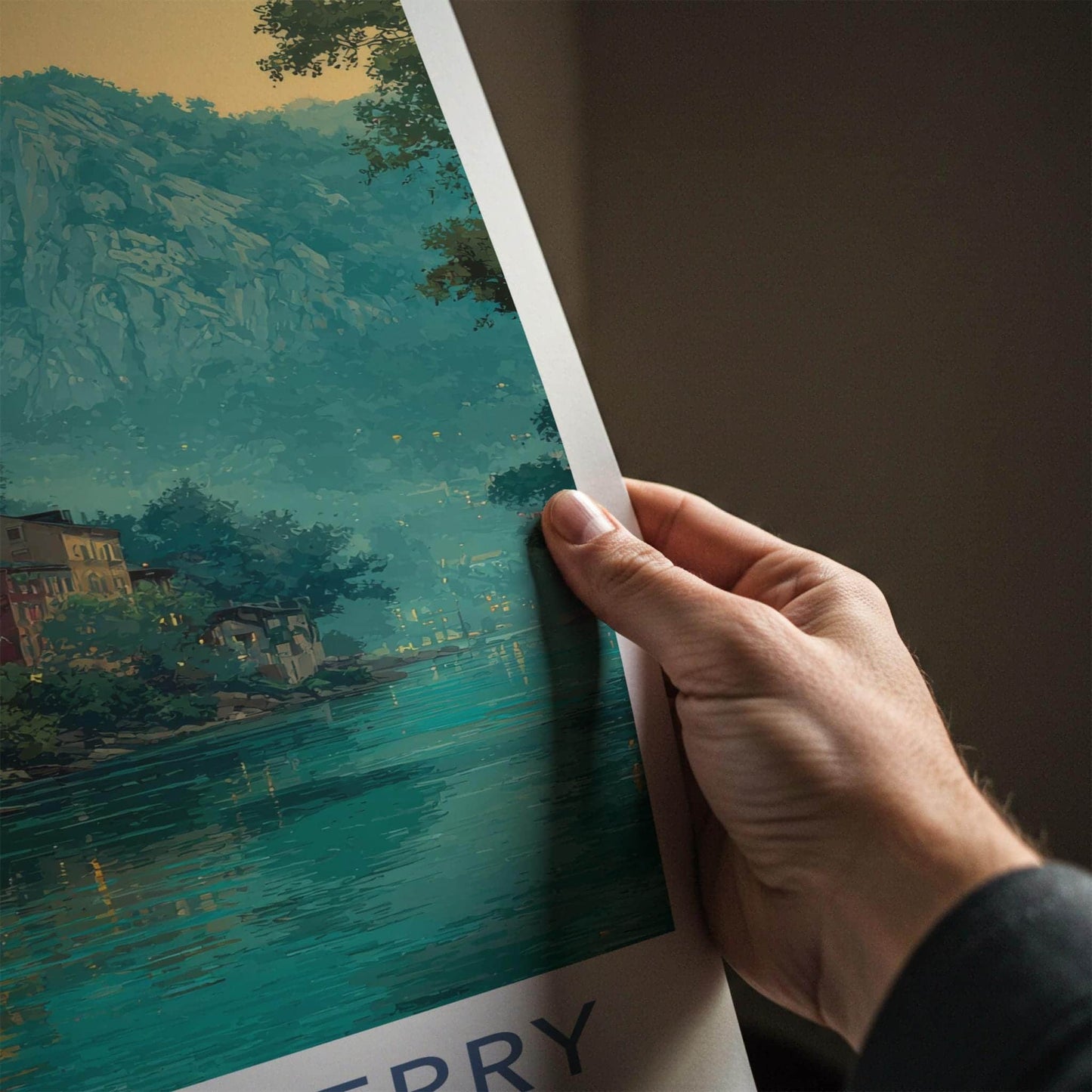 Harpers Ferry Poster - West Virginia Travel Art - Lit Up River Town Wall Decor