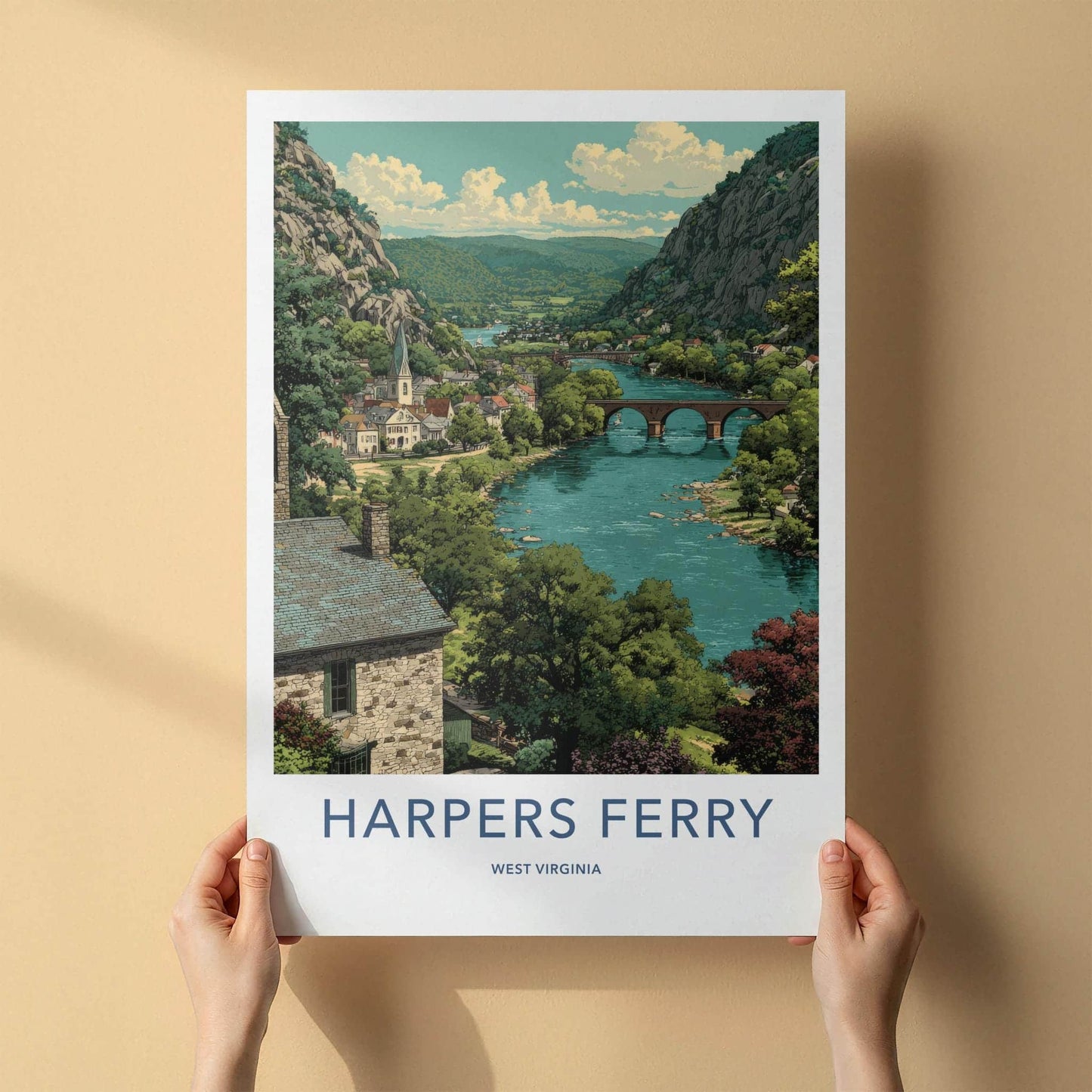 Harpers Ferry Poster - West Virginia Travel Art - Mountain River Town Home Decor