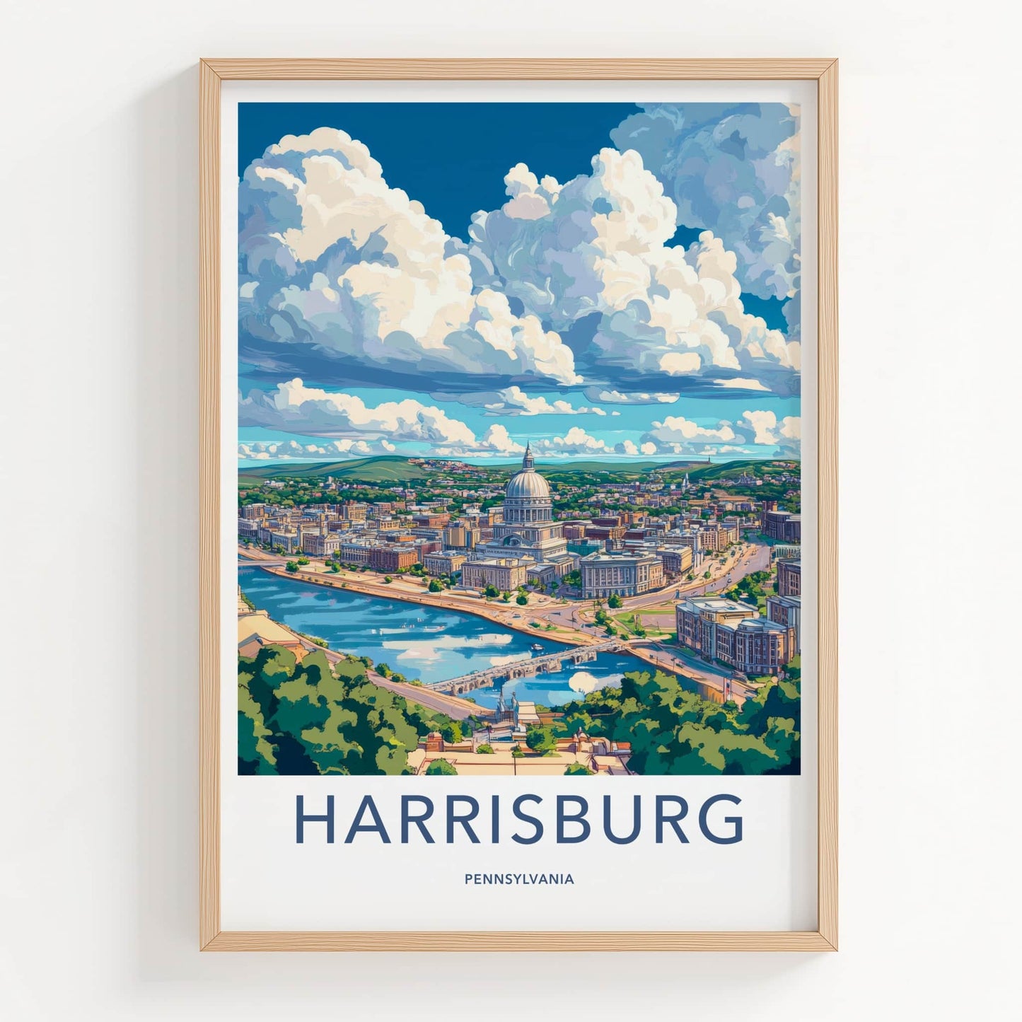 Harrisburg Poster - Pennsylvania Wall Art - Capitol river cityscape Home Decor