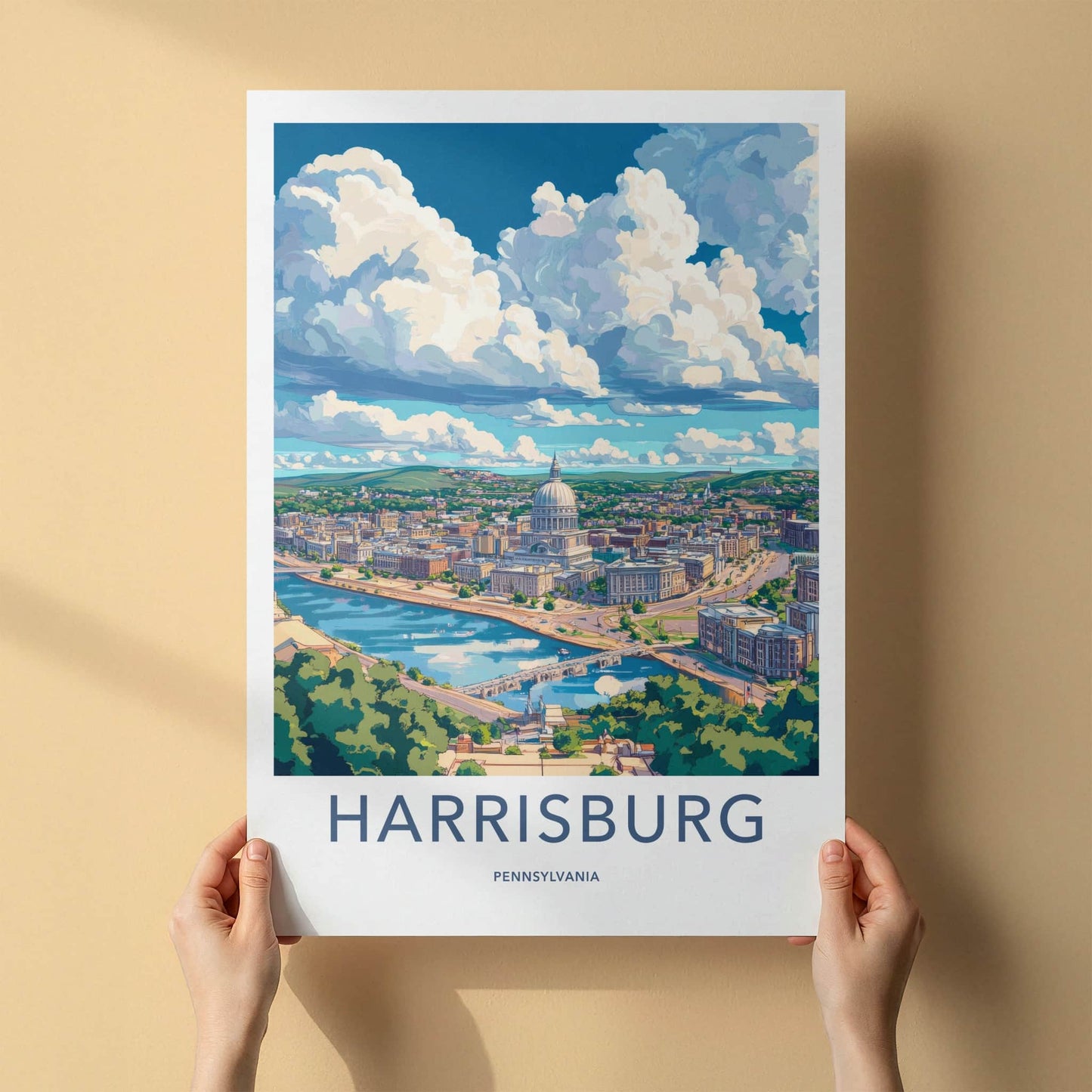 Harrisburg Poster - Pennsylvania Wall Art - Capitol river cityscape Home Decor